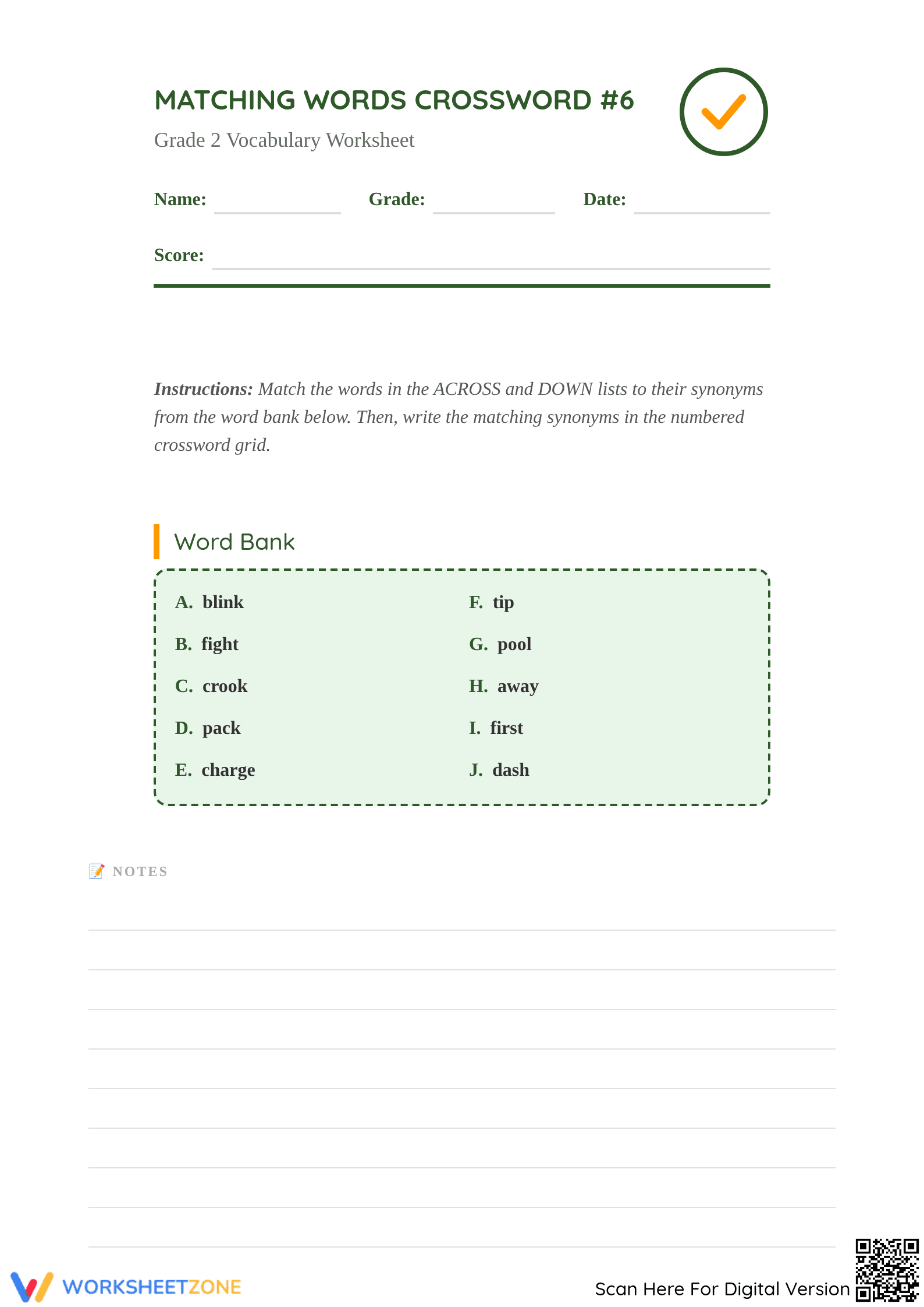 Printable Grade 2 Synonyms Crossword & Vocabulary Sheet - Page 1