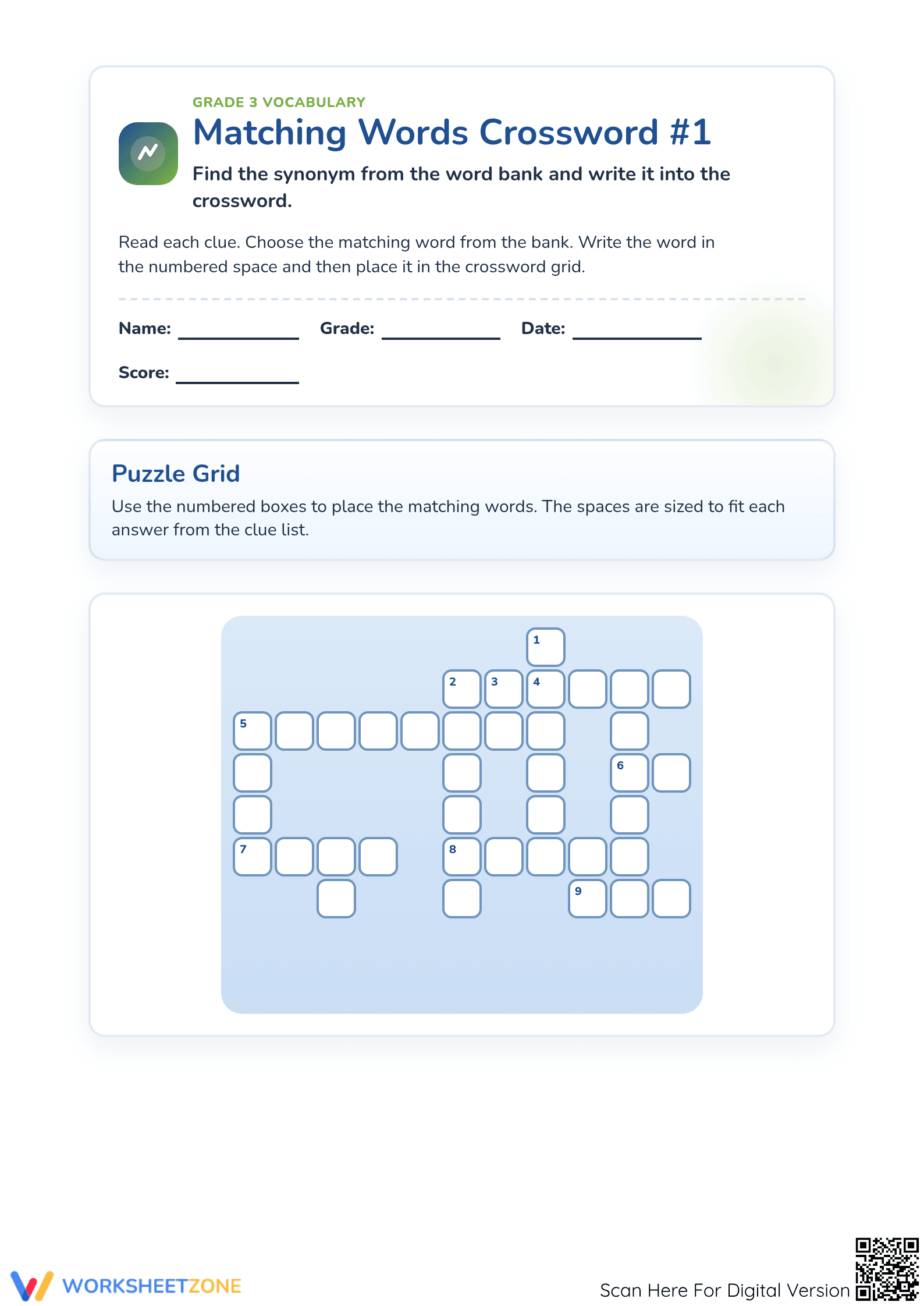 Printable Synonym Crossword Puzzle | Grade 3 Vocabulary - Page 1