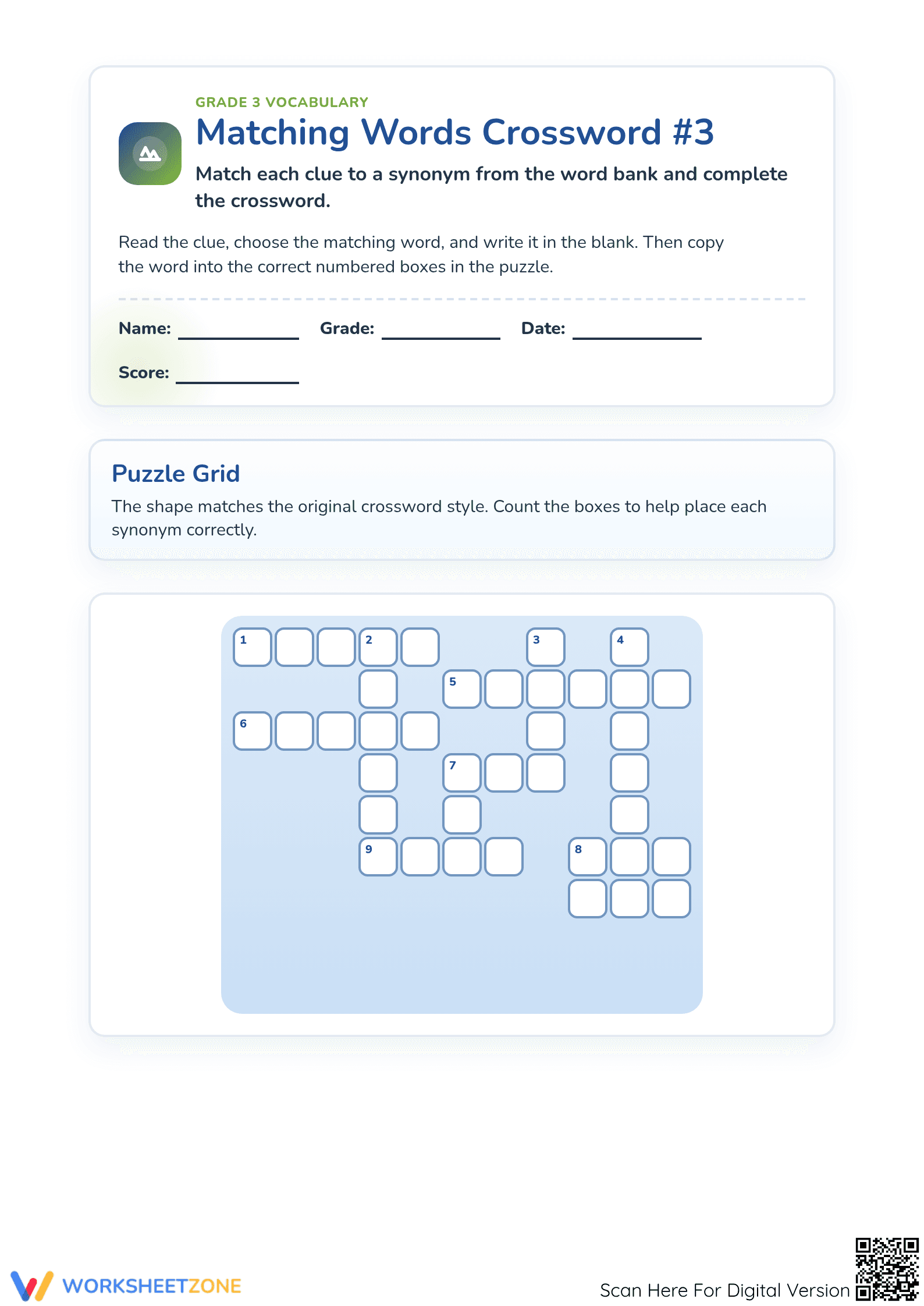 Printable Synonym Matching Crossword | Grade 3 ELA - Page 1