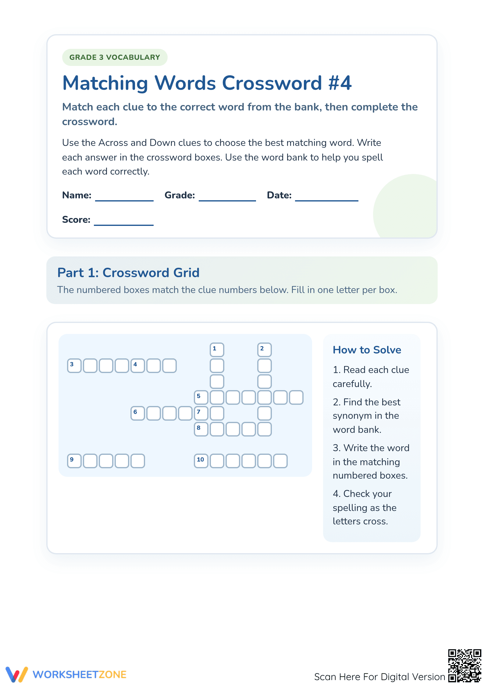Printable 3rd Grade Synonym Crossword Worksheet | Essential - Page 1