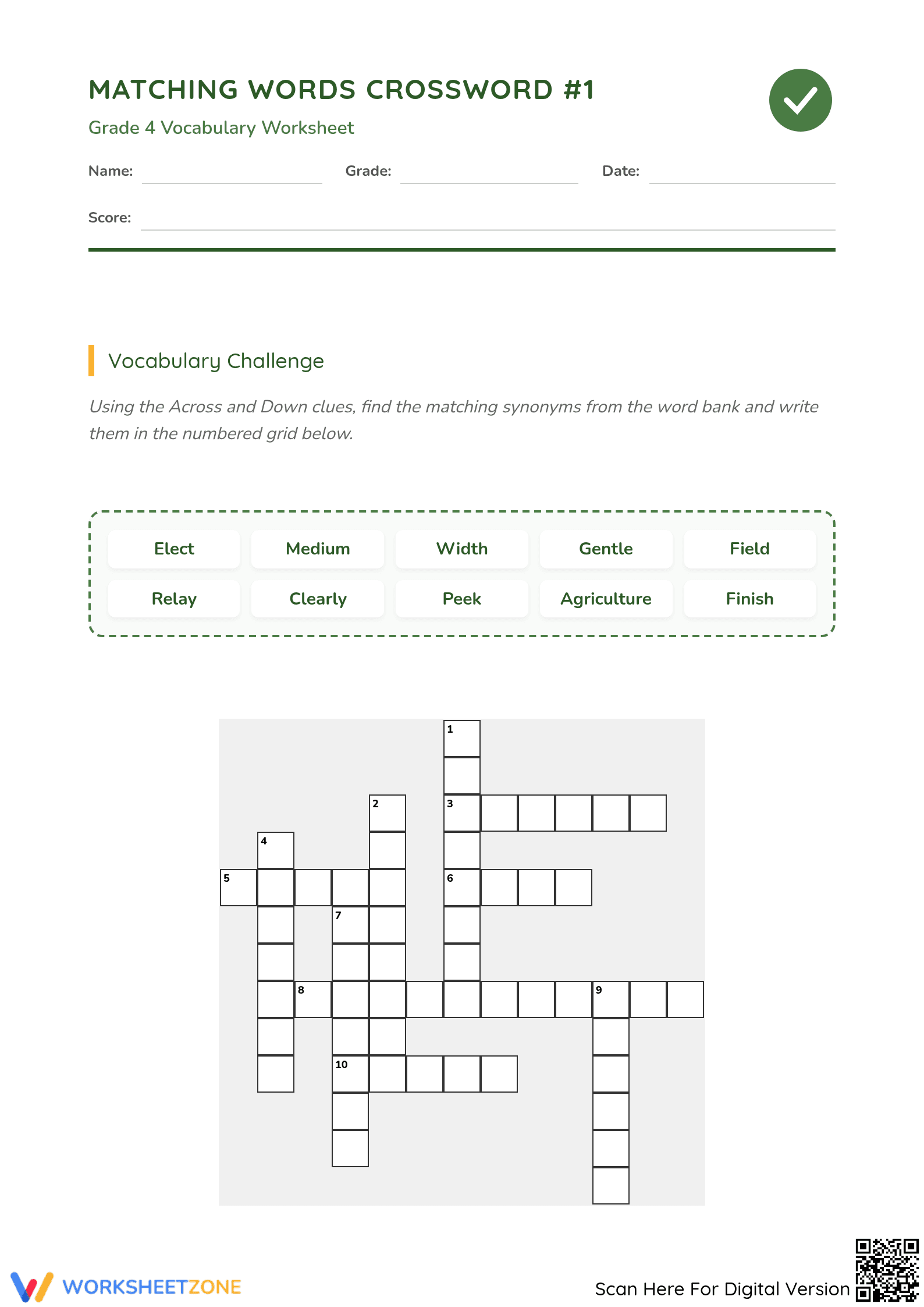 Grade 4 Synonym Crossword — Printable No-Prep Worksheet - Page 1