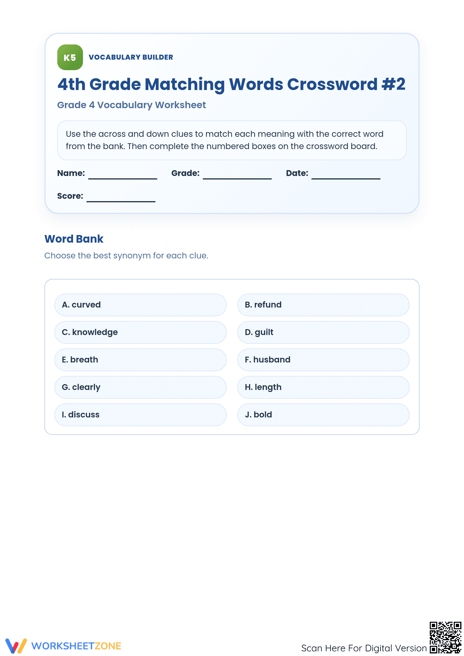 Printable 4th Grade Synonym Crossword Worksheet - Page 1