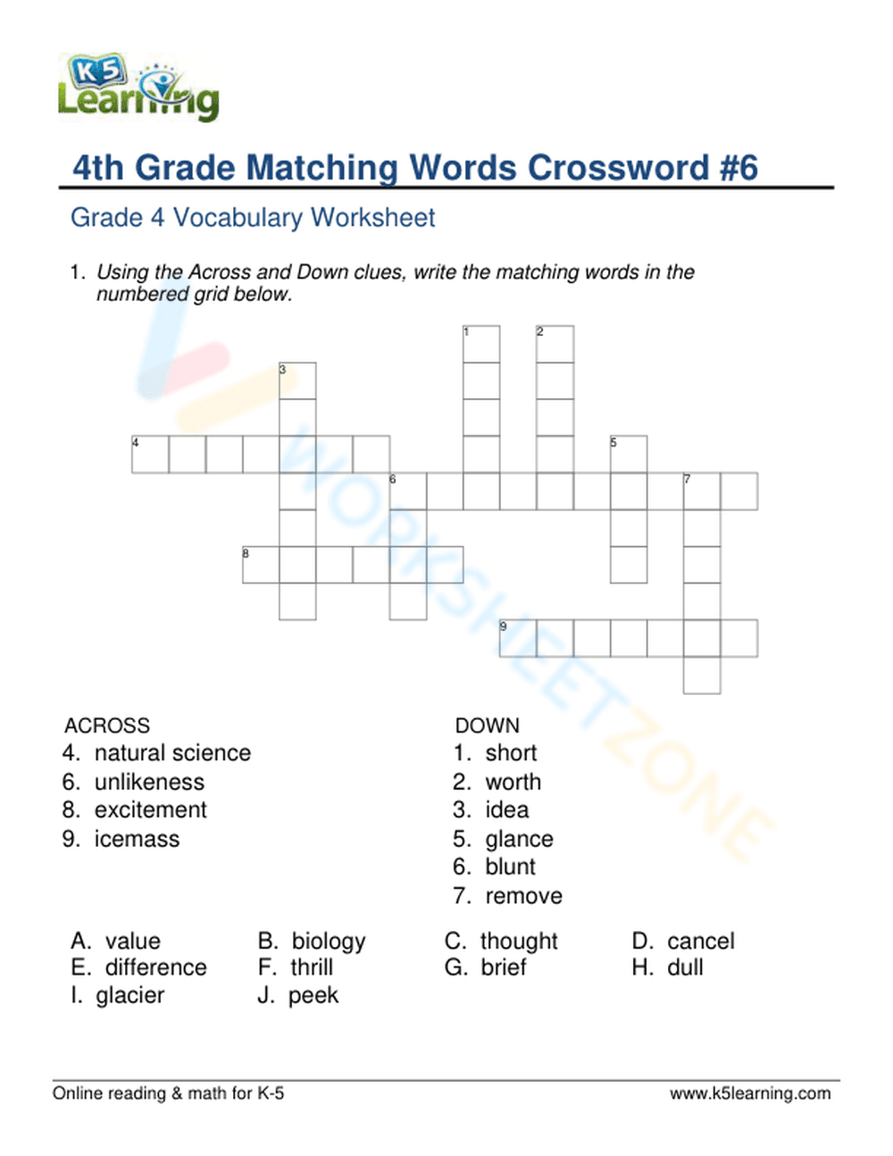 Grade 4 Synonym Crossword | Printable Vocabulary Worksheet - Page 1