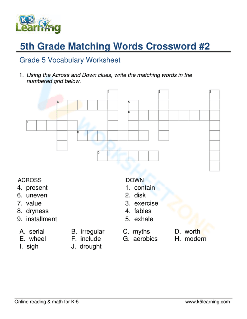 Printable Synonym Crossword Worksheet | Grade 5 ELA - Page 1