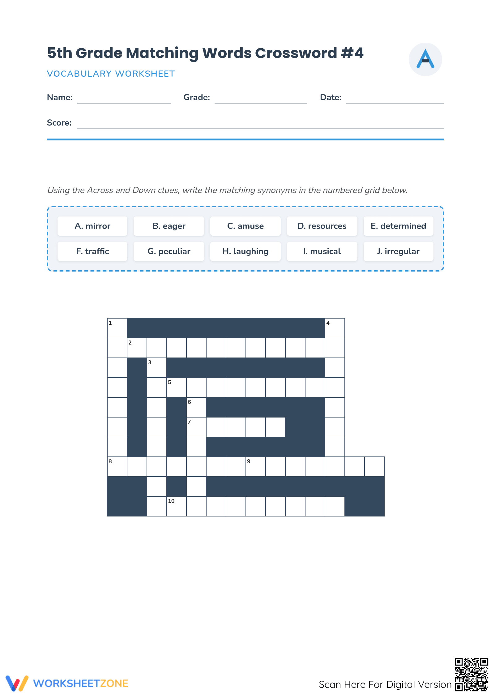 5th Grade Synonym Crossword — Essential Vocabulary Ready - Page 1