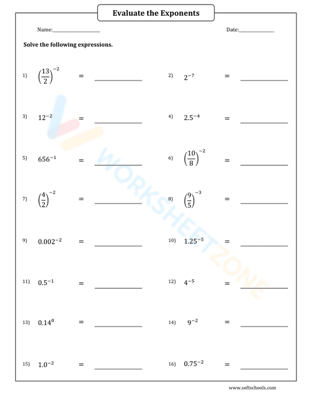 Evaluate Negative and Zero Exponents Math Worksheet - Page 1