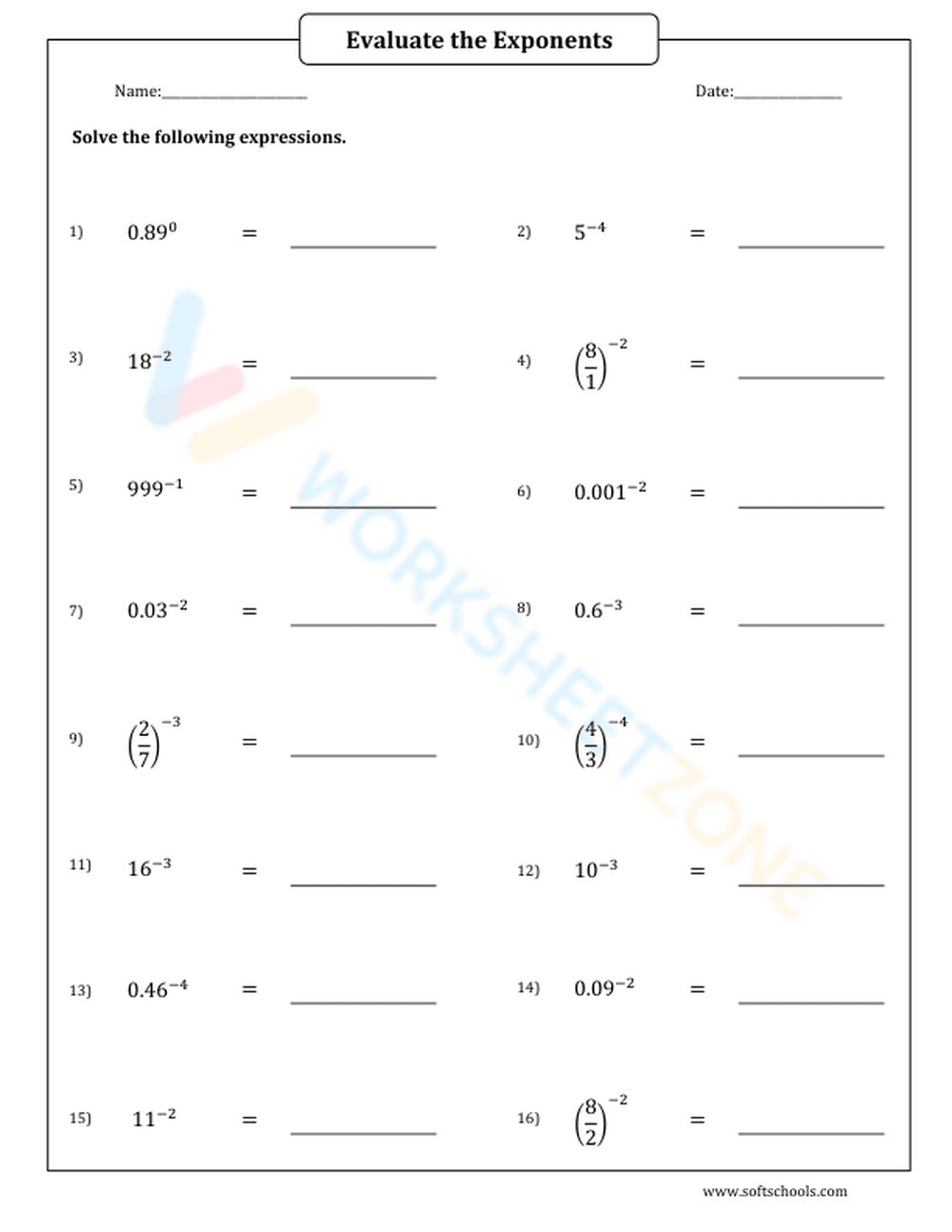 Evaluating Exponents With Negative And Zero Powers - Page 1
