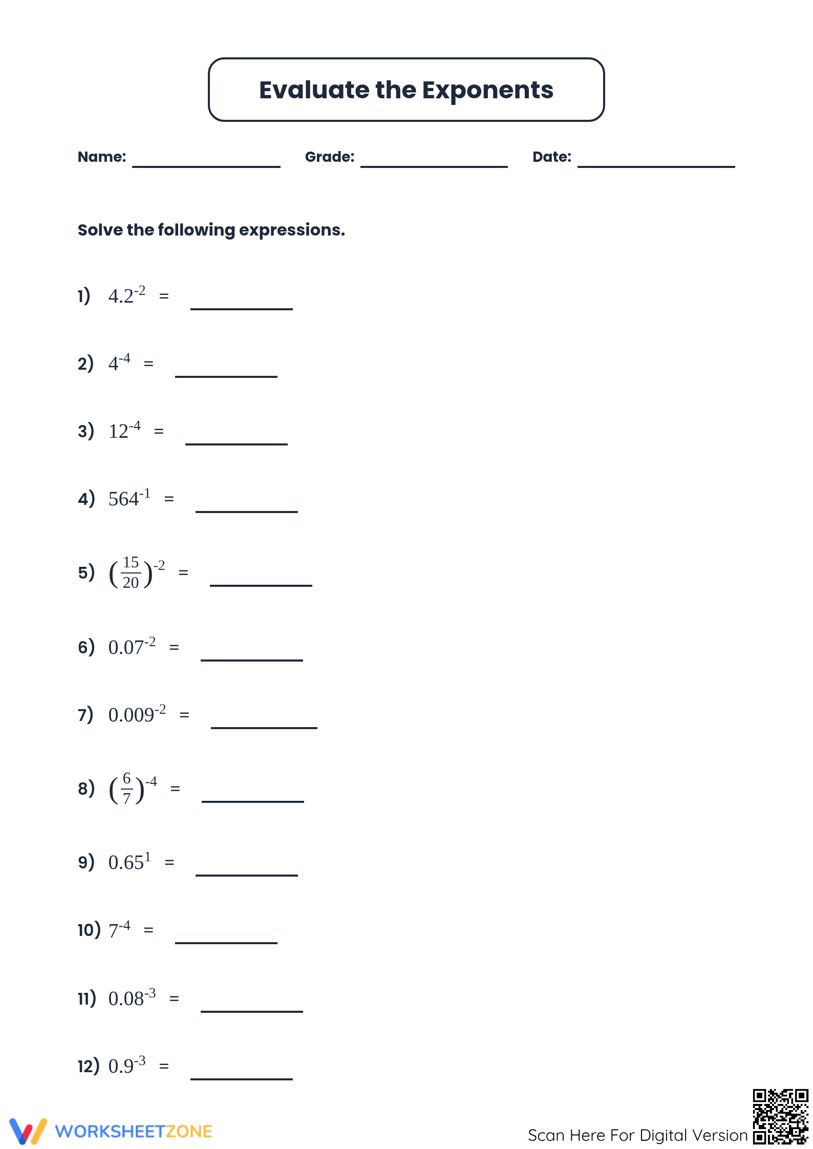 Printable Negative Exponents Worksheet | Grades 7-8 Math - Page 1