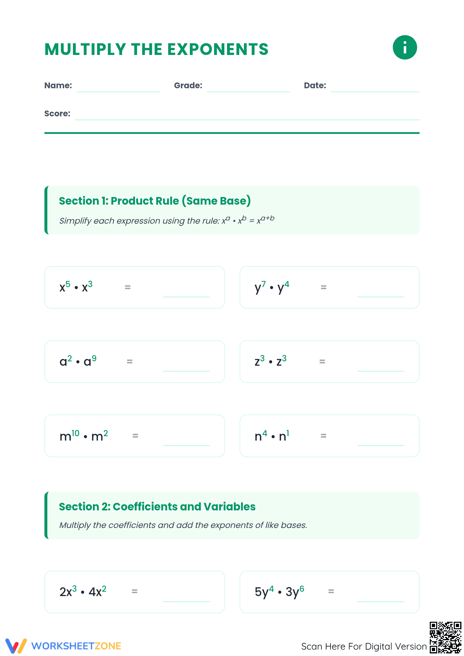 Multiply Exponents Worksheet | Grade 8 Essential Practice - Page 1