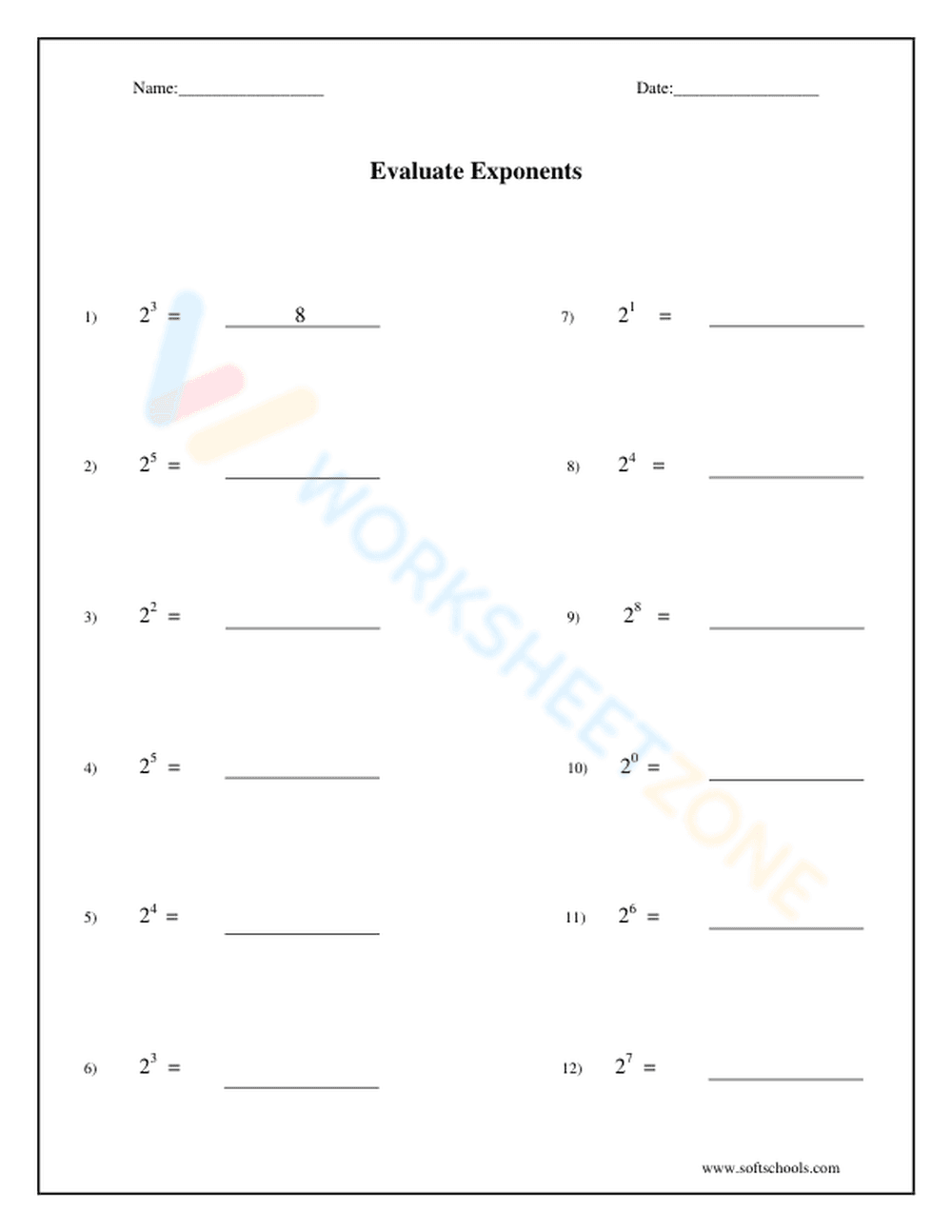 Evaluate Exponents 5 - Page 1