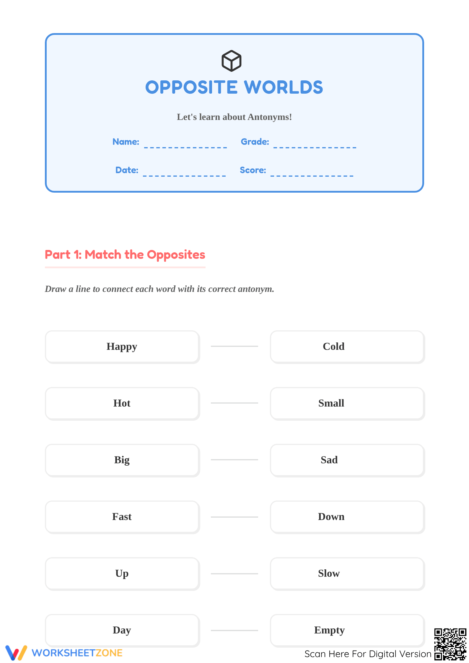Grade 1 Antonyms — Printable No-Prep Worksheet - Page 1