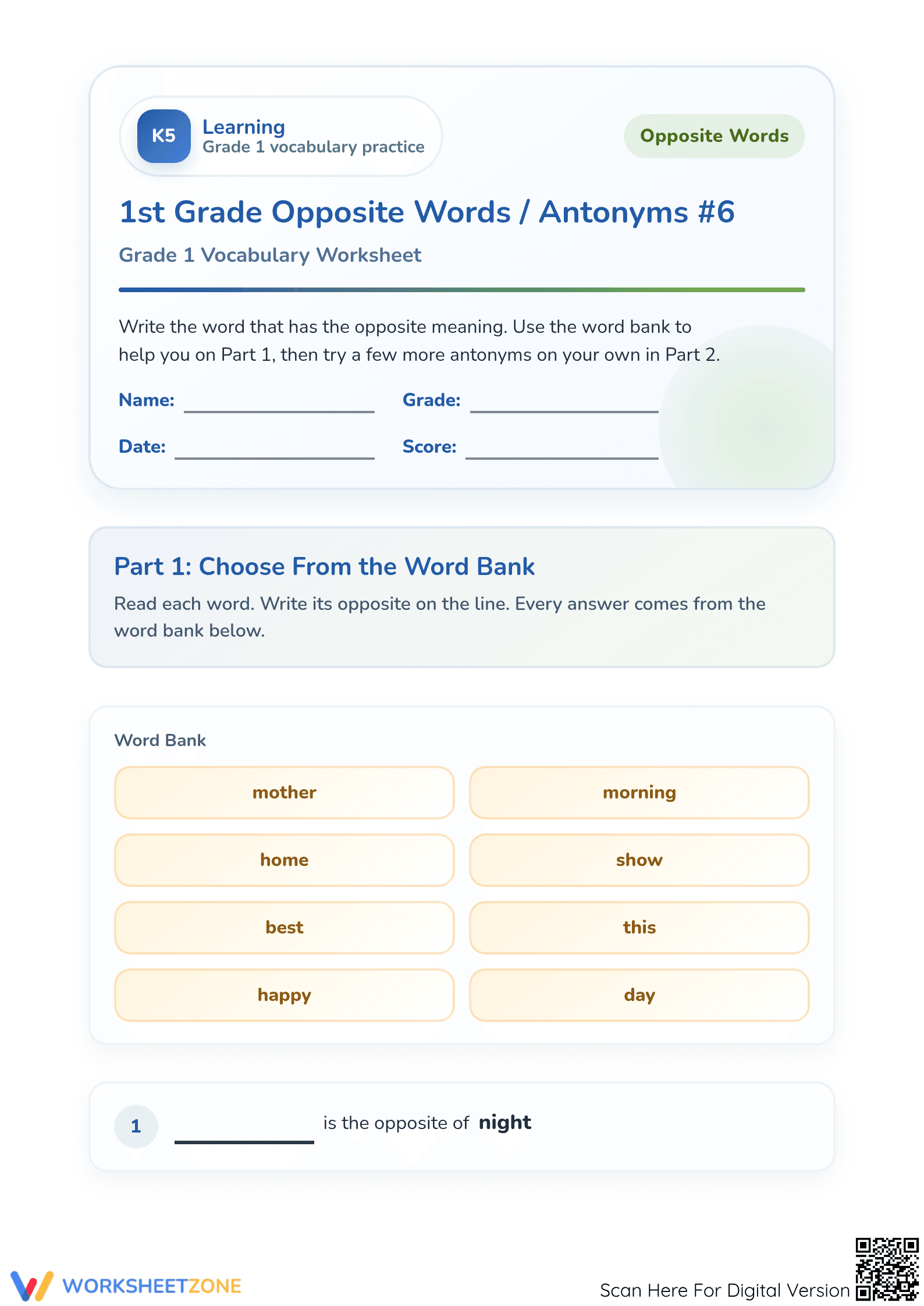 Printable Antonyms Worksheet | Grade 1 Opposite Words - Page 1