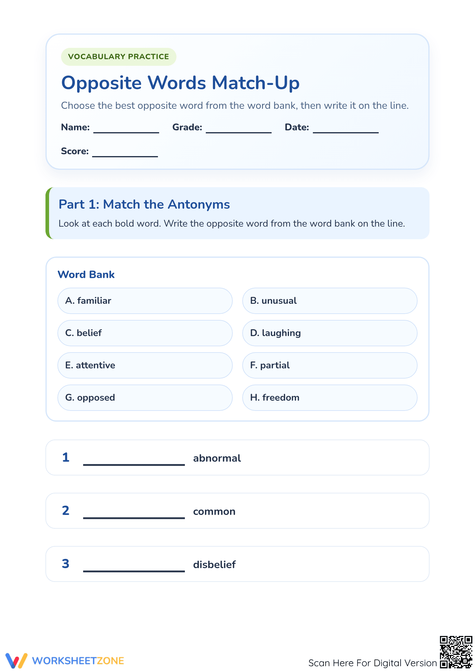 Printable Opposite Words Worksheet | Grade 1 ELA Ready - Page 1