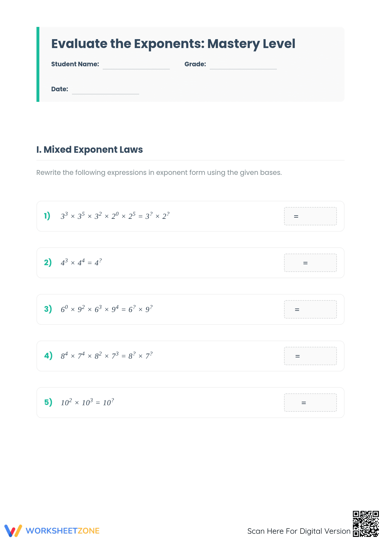 Essential Mastery: Evaluate the Exponents 3 Worksheet - Page 1