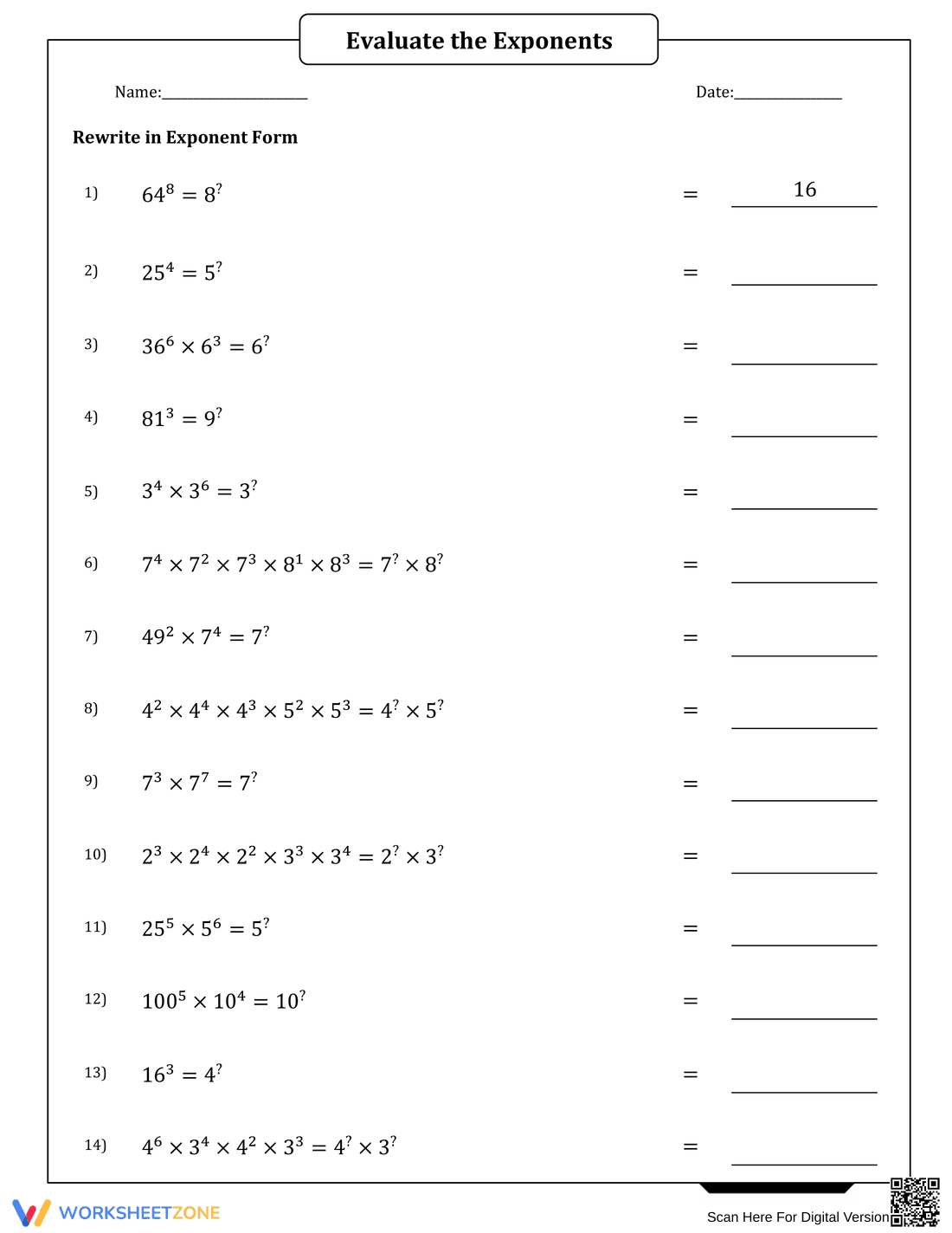 Evaluating Exponents and Rewriting Bases Practice - Page 1