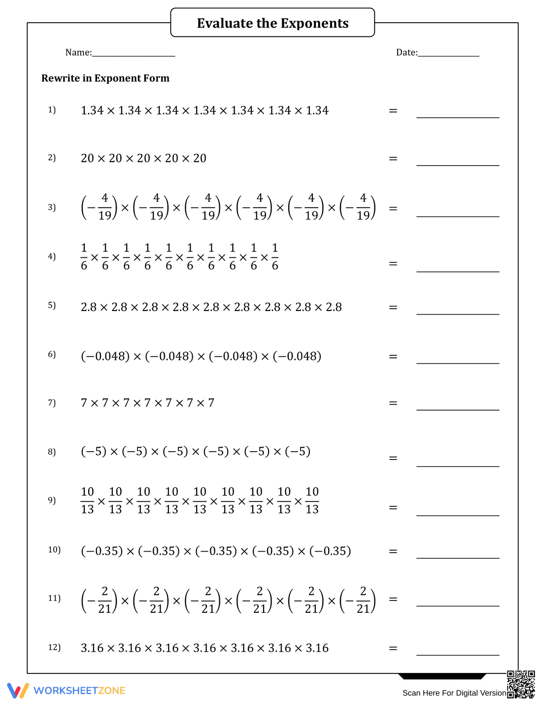Rewrite Repeated Multiplication In Exponent Form - Page 1