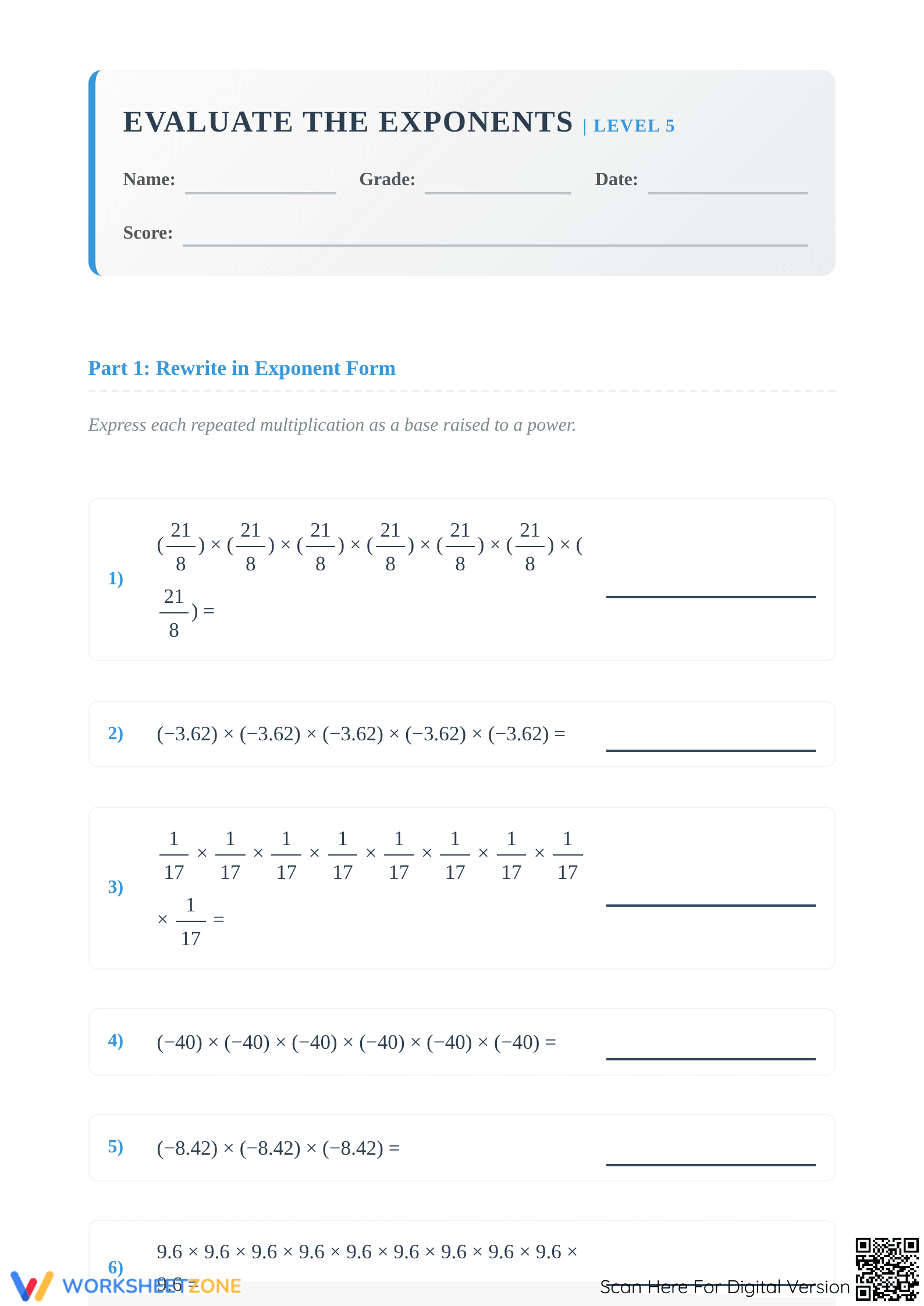 Evaluate the Exponents 5 Worksheet | Grade 6-8 Essential - Page 1