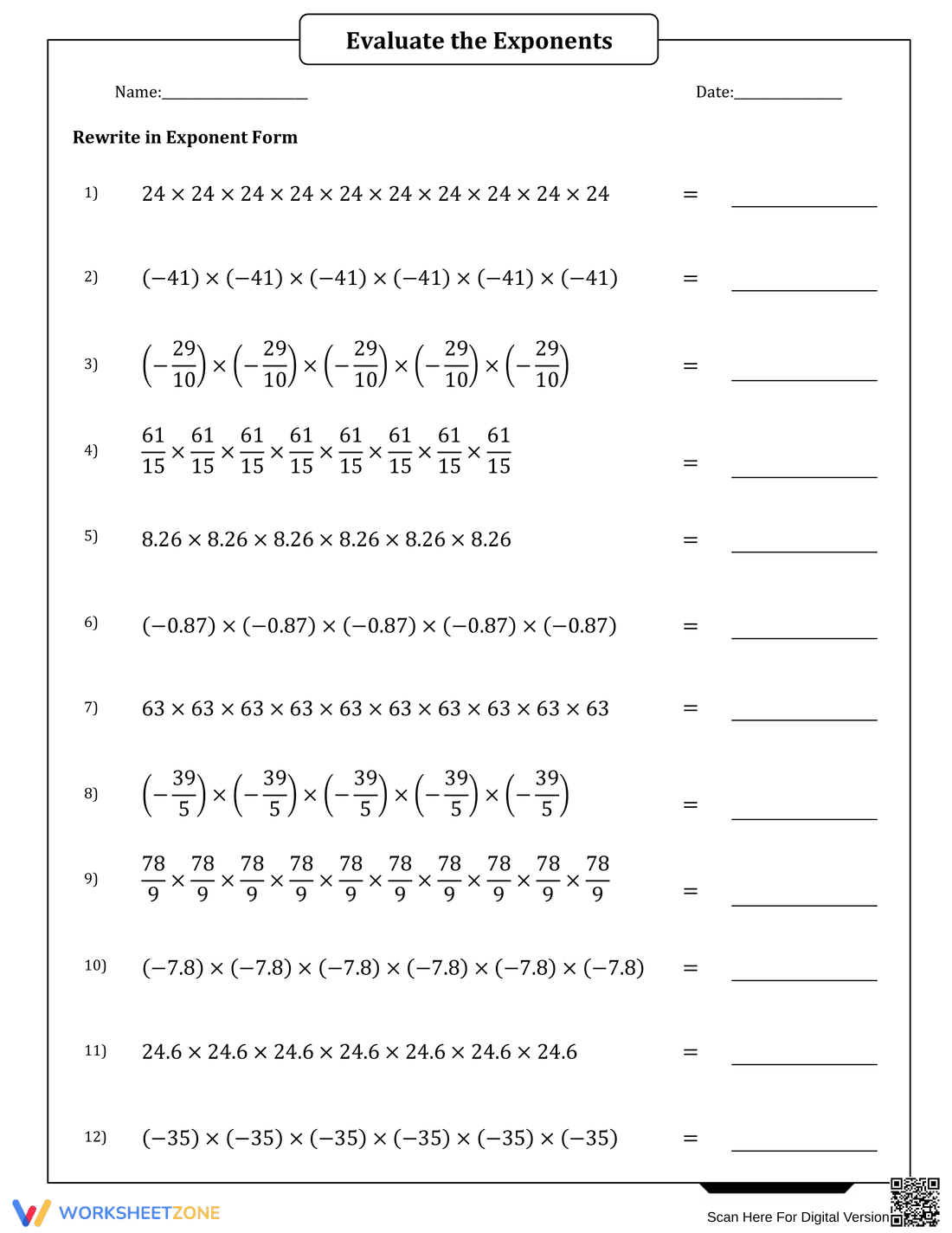 Exponents Worksheet: Rewriting Repeated Multiplication - Page 1
