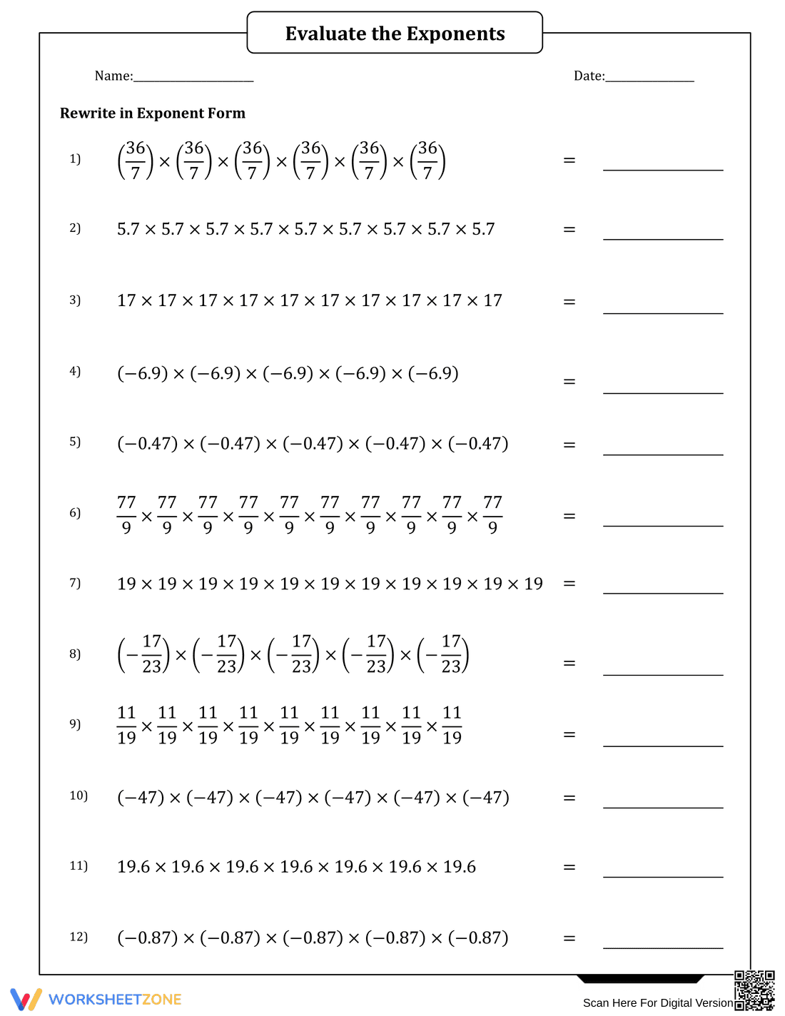 Rewrite Numbers in Exponent Form Worksheet - Page 1