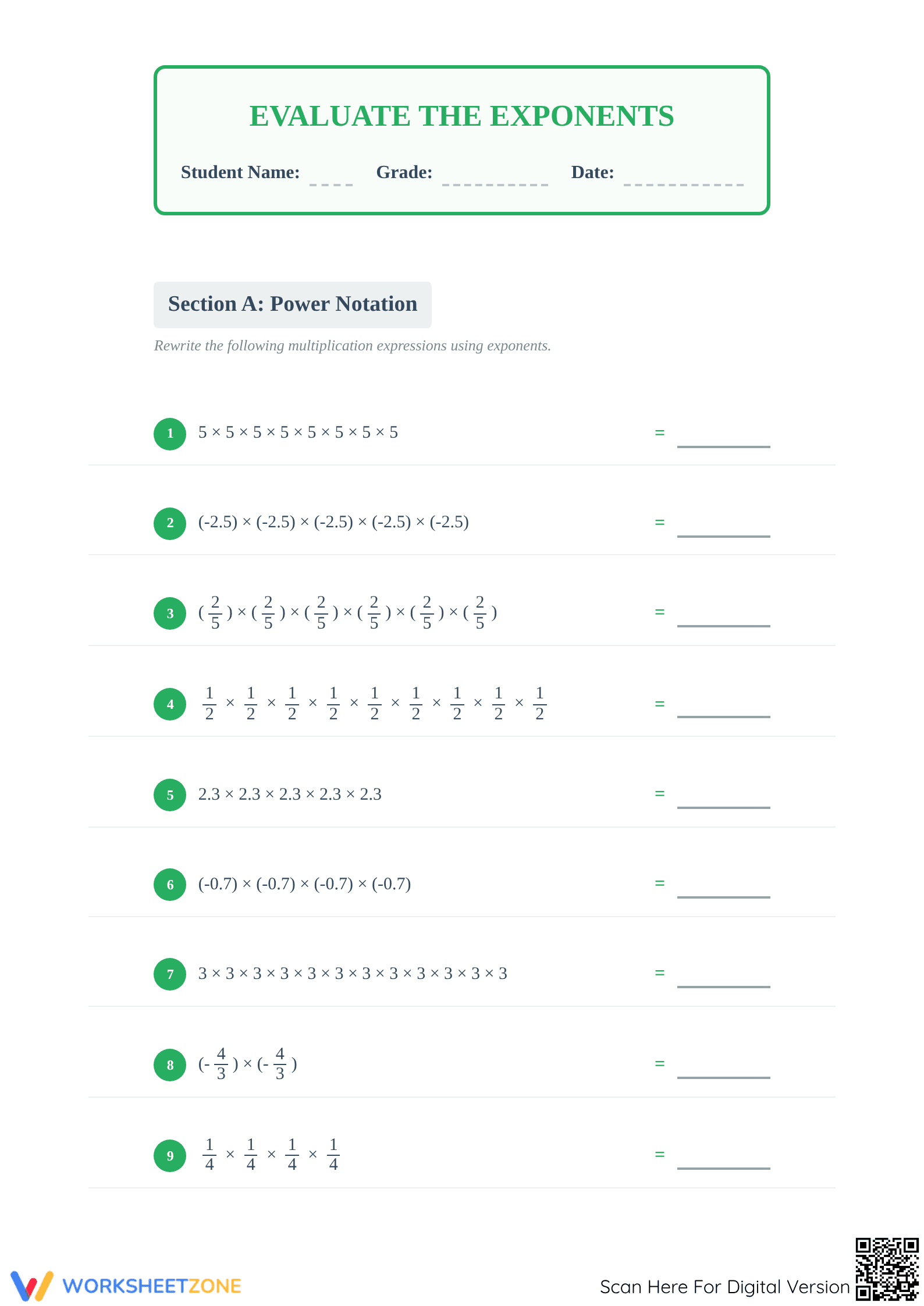 Evaluate the Exponents Worksheet | Grade 6-8 Essential - Page 1