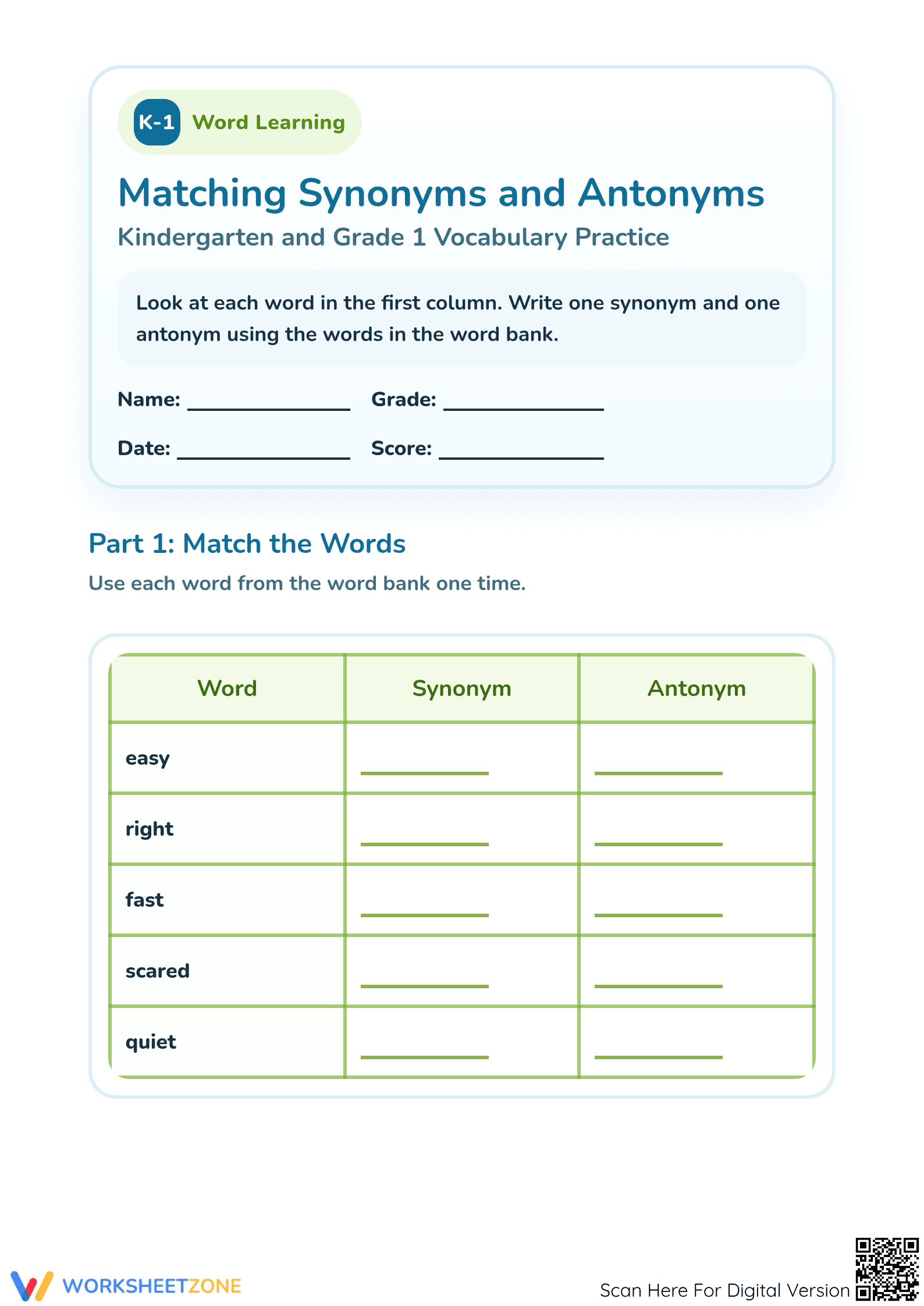 Printable Synonyms and Antonyms Worksheet | Grade 1 ELA - Page 1