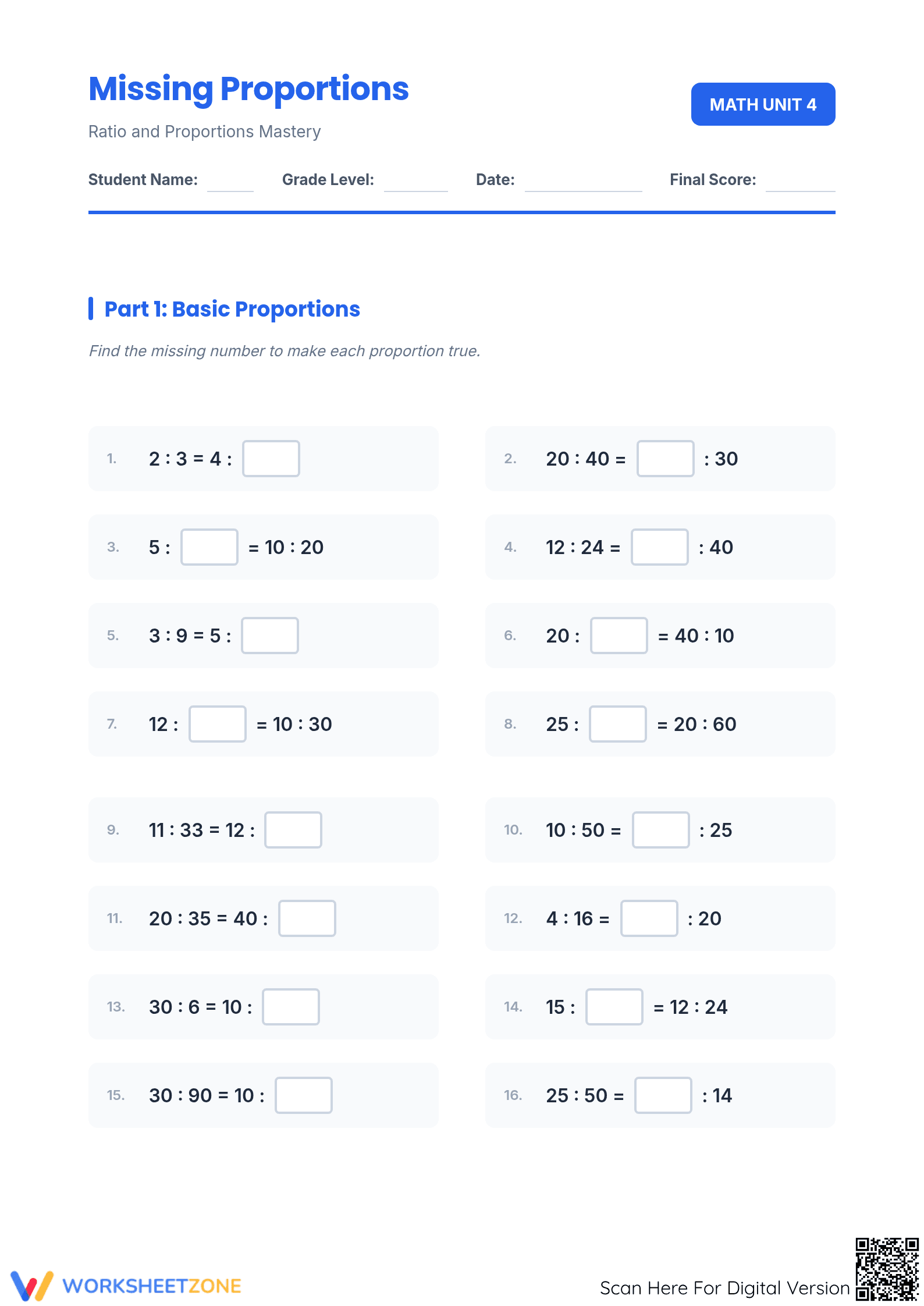 Printable Missing Proportions Worksheet | Grade 7 Math - Page 1