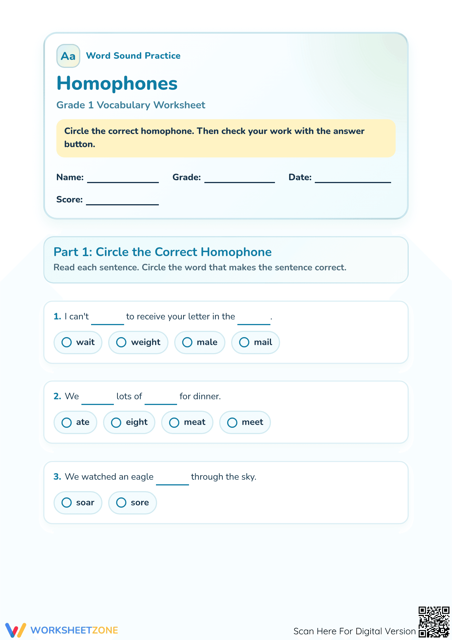 Printable Homophones Worksheet | Grade 1 ELA Aligned - Page 1