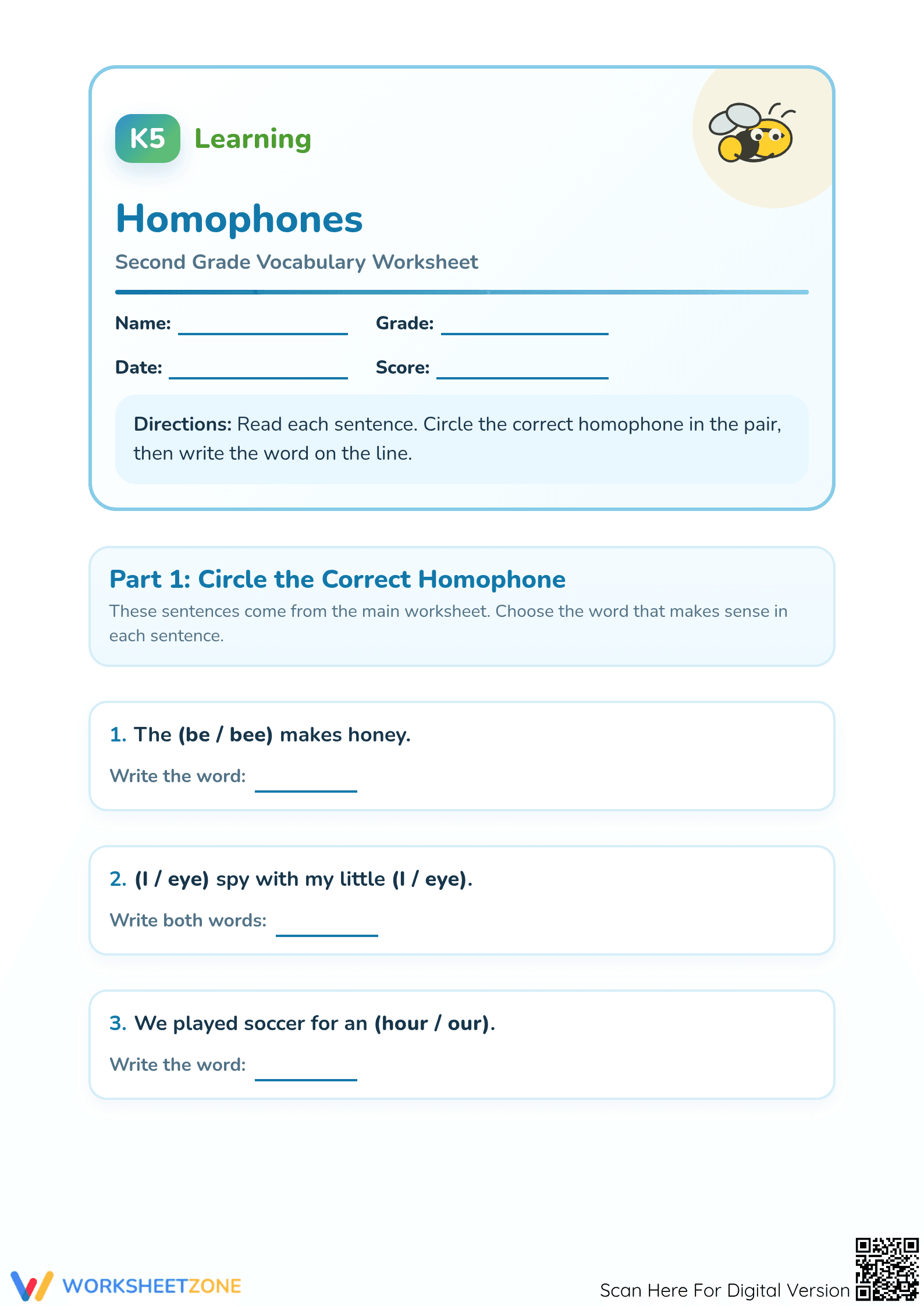 Printable Homophones Worksheet | Grade 1 ELA Practice - Page 1