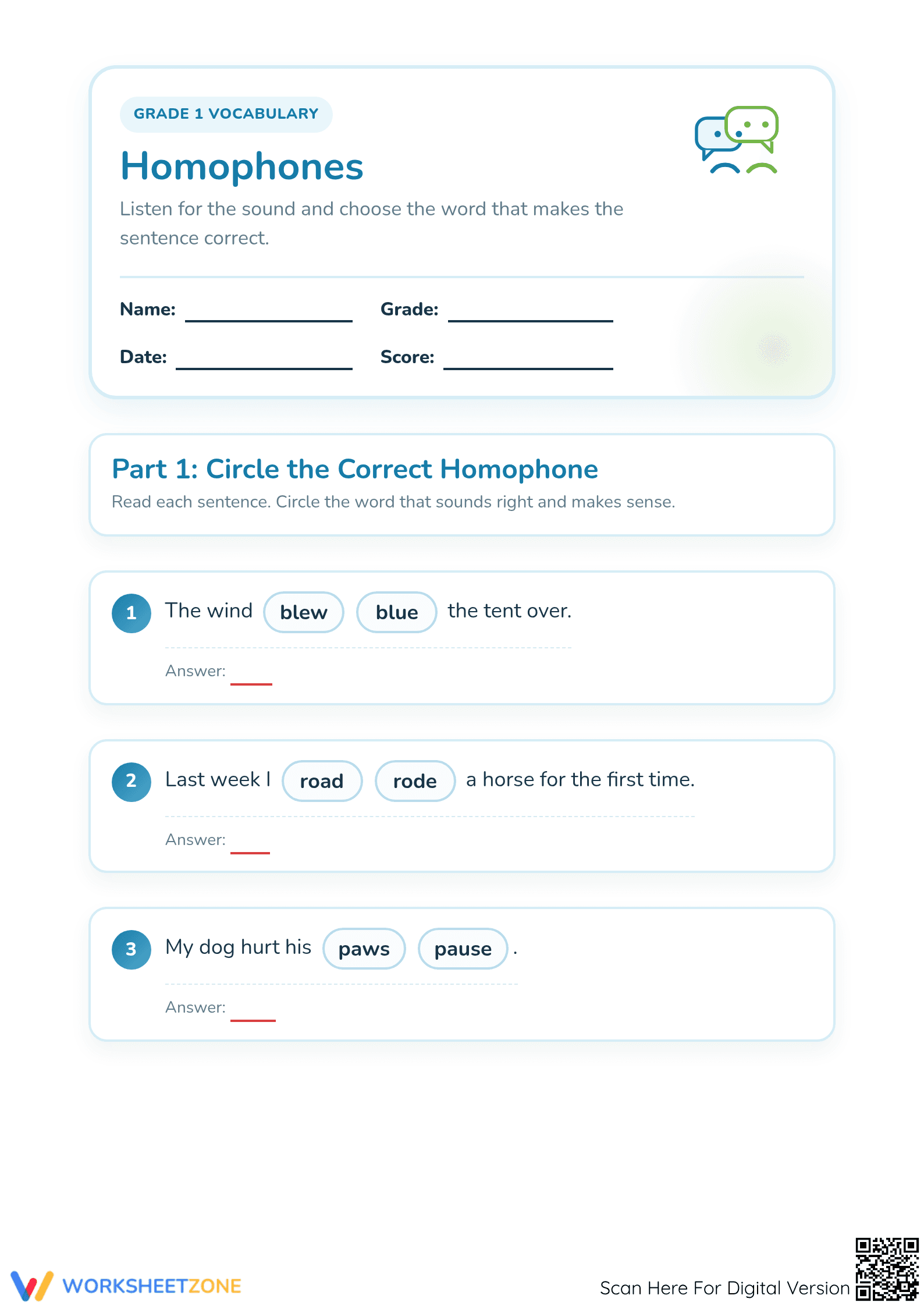 Printable Homophones Worksheet | Grade 1 ELA Essential - Page 1