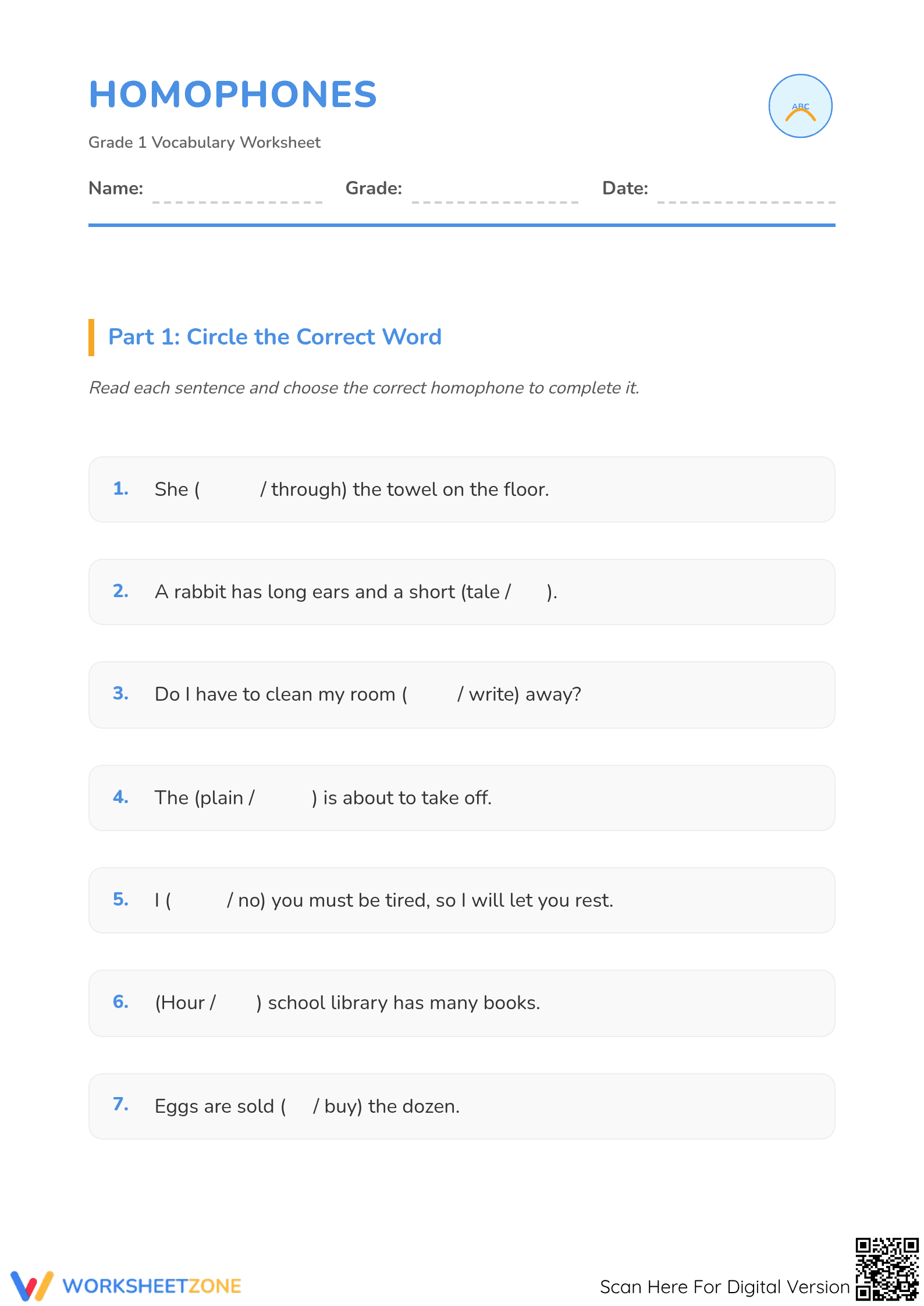 Grade 1 Homophones — Printable No-Prep Worksheet - Page 1