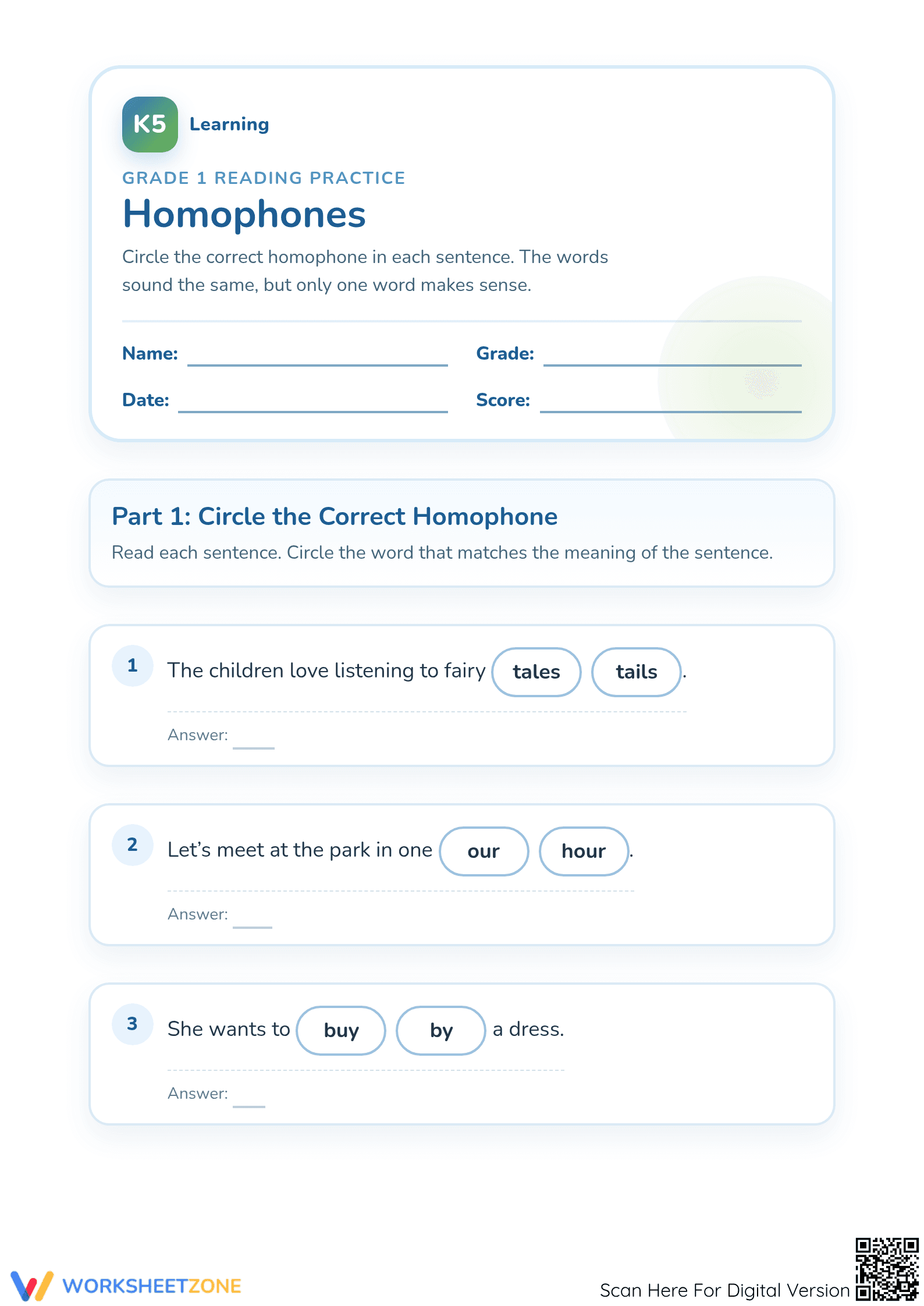 Printable Homophones Worksheet | Grade 1 ELA Practice - Page 1