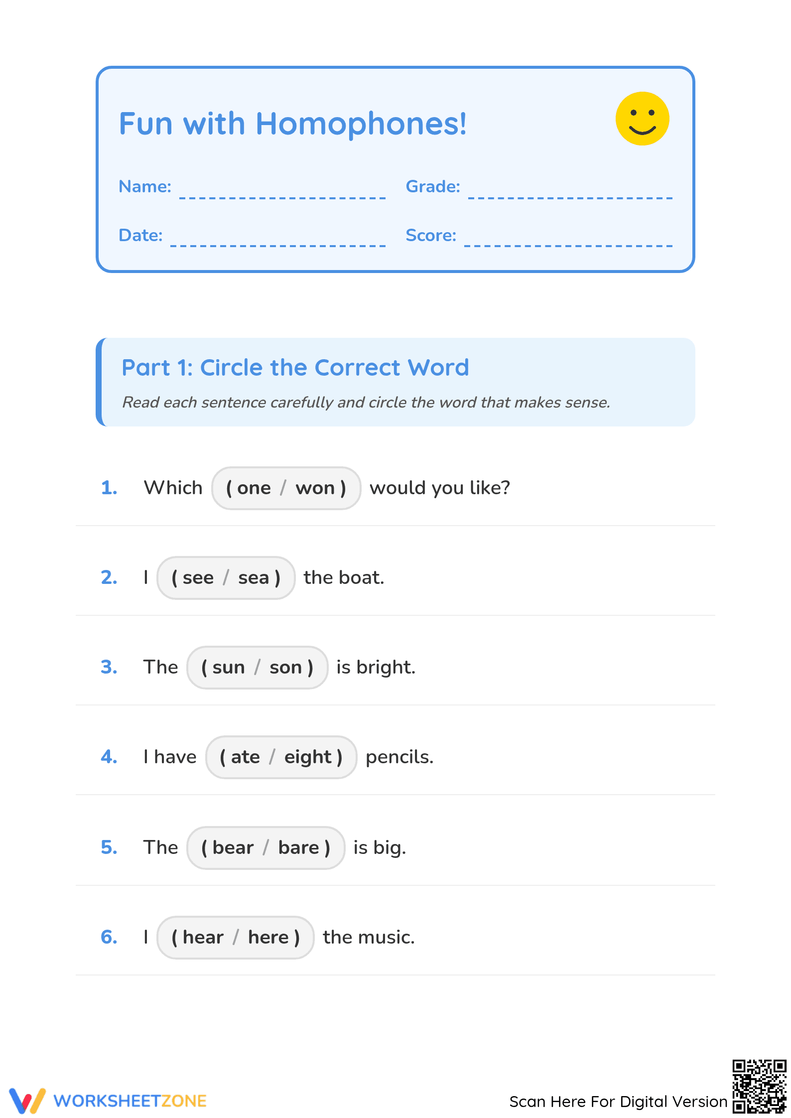 Printable Homophones Worksheet | Grade 1 ELA - Page 1