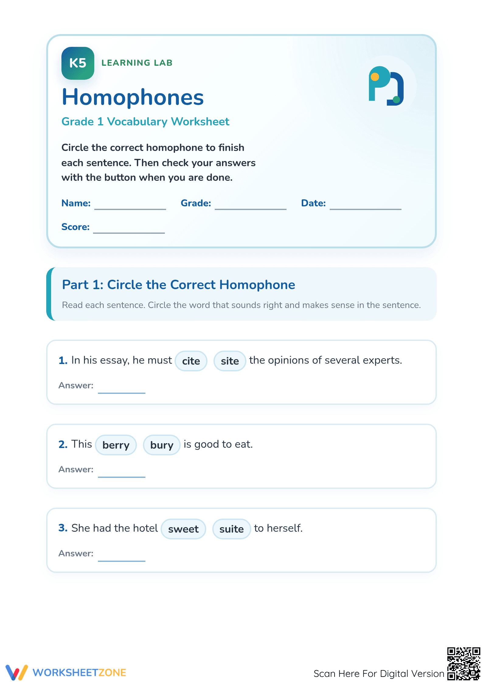 Homophones Worksheet: Essential Grade 1 ELA Practice - Page 1