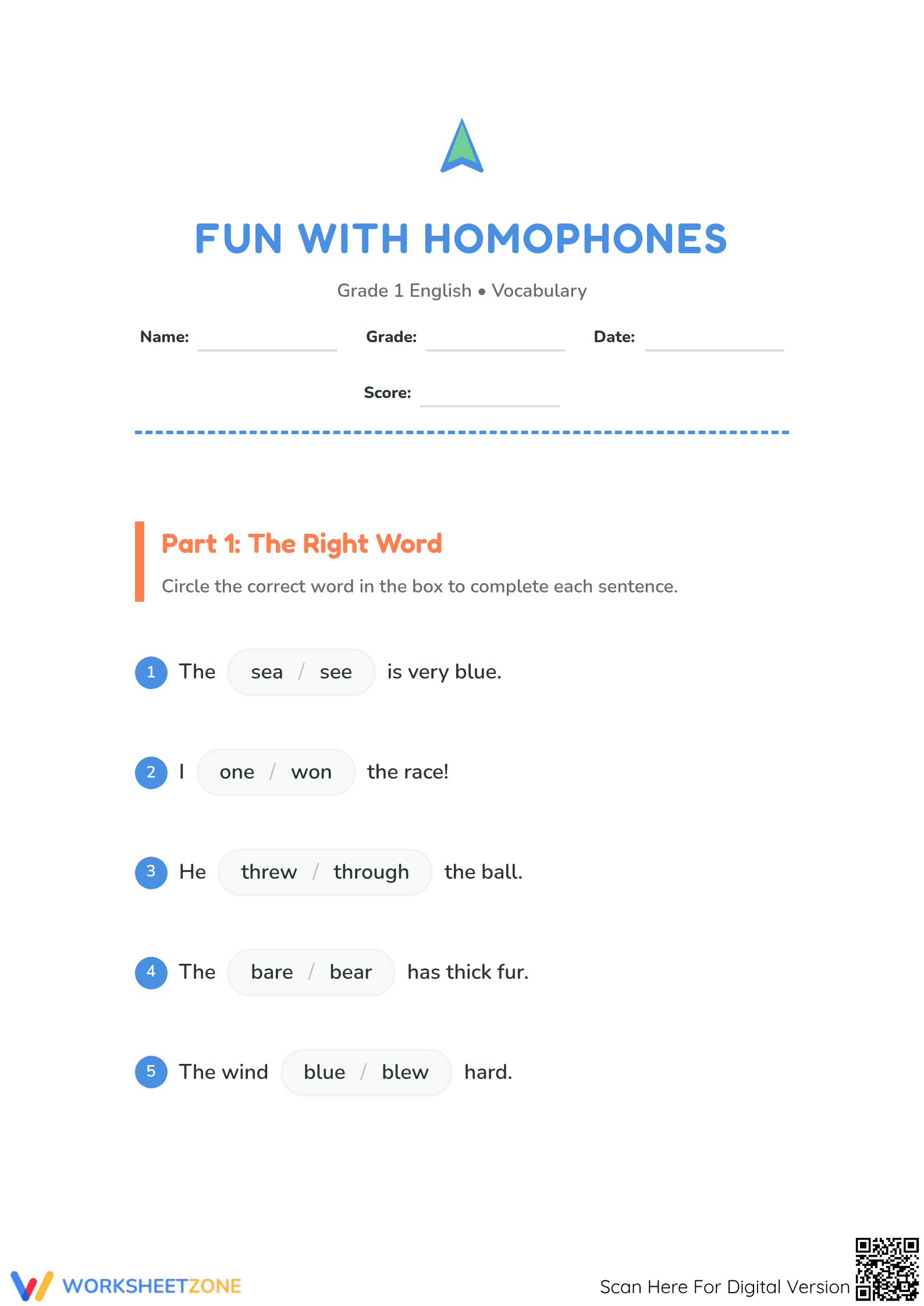 Printable Homophones Worksheet | Grade 1 ELA Essential - Page 1