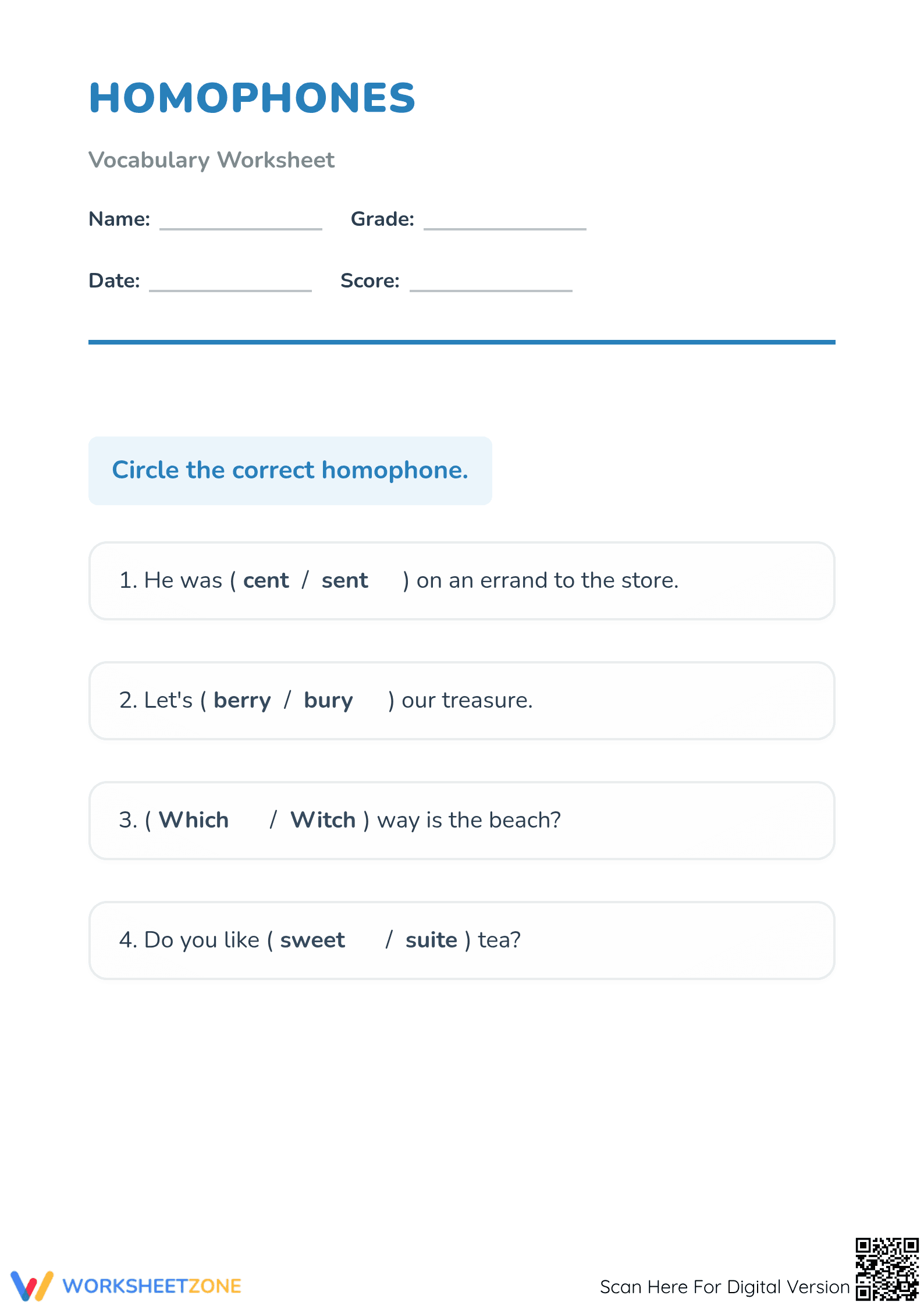 Grade 1 Homophones — Printable No-Prep Worksheet - Page 1
