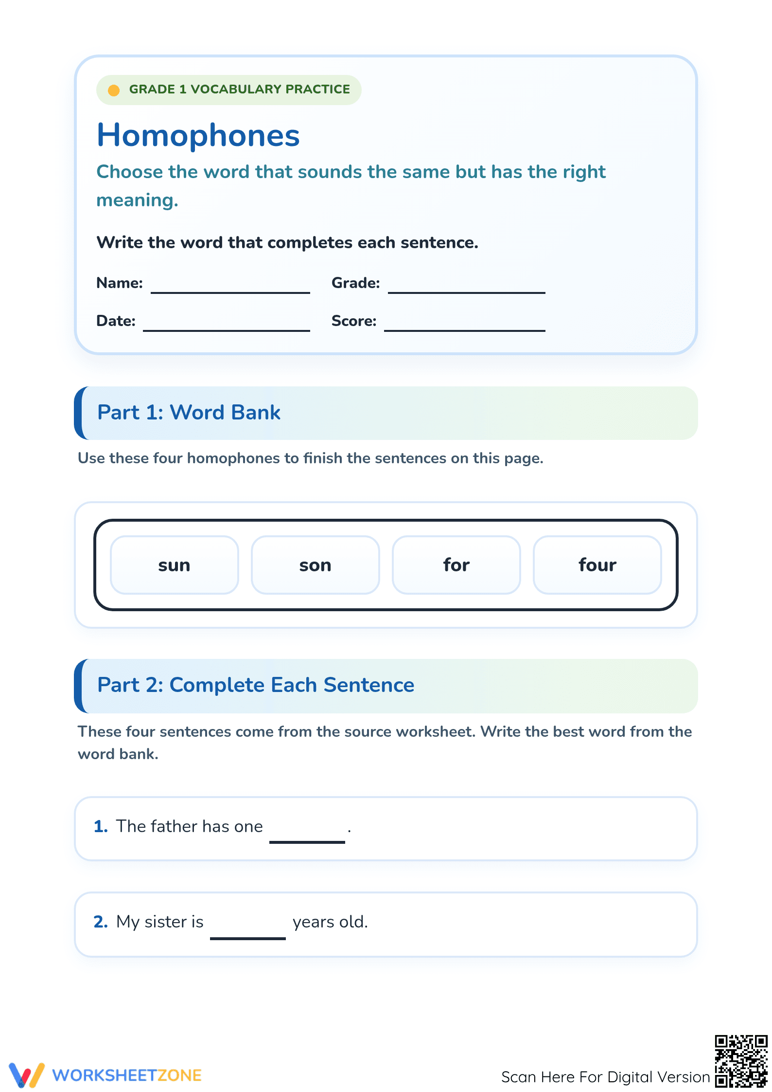 Printable Homophones Worksheet | Grade 1 ELA Essential - Page 1