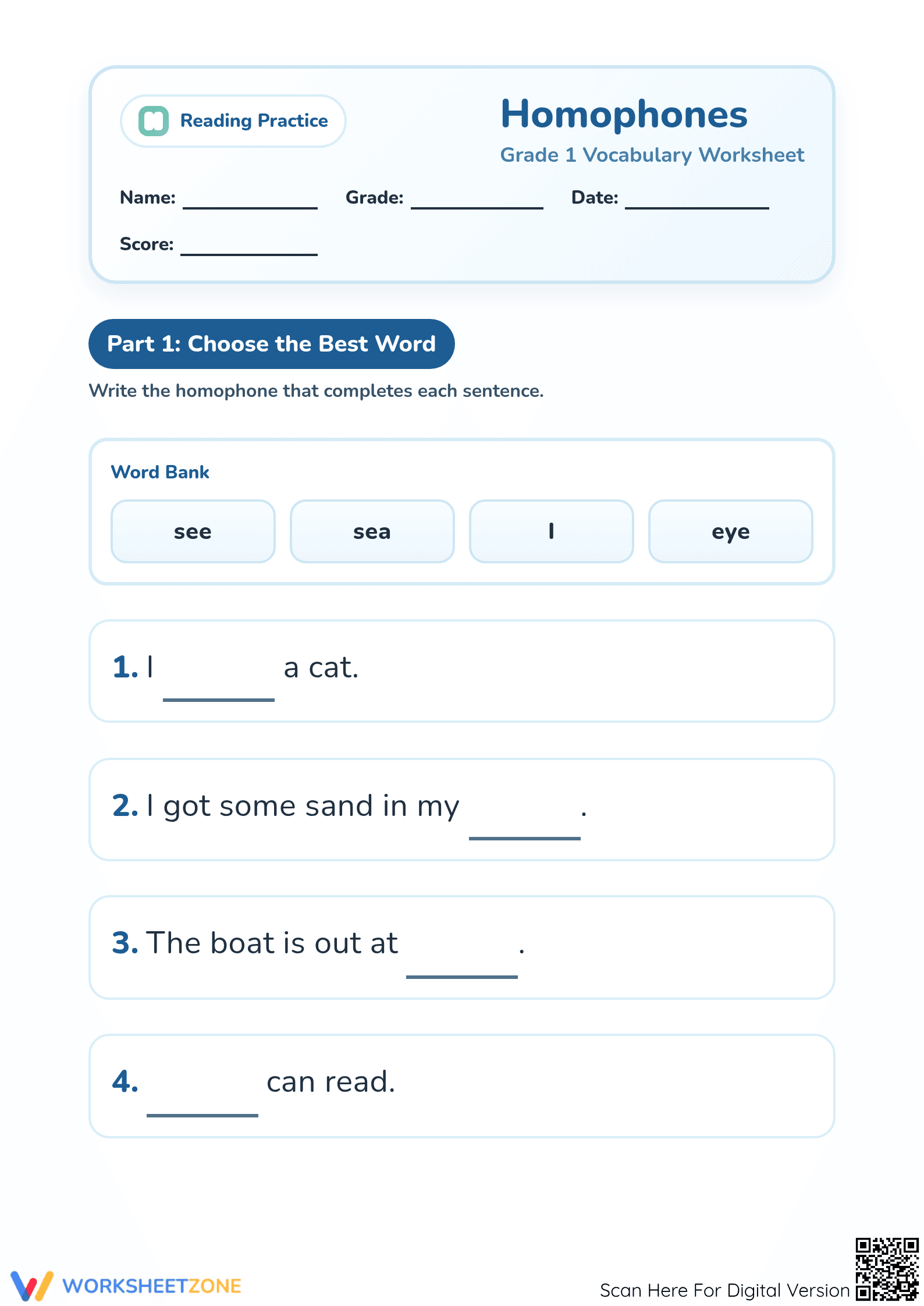 Printable Grade 1 Homophones Worksheet | Essential Practice - Page 1