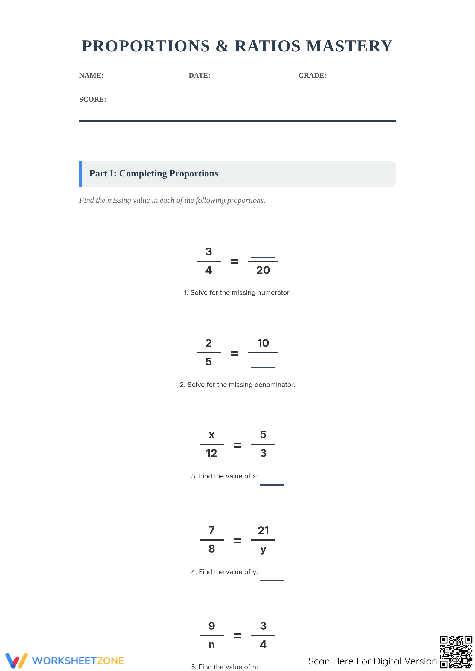 Essential Proportions and Ratios Mastery Worksheet | Grade 7 - Page 1