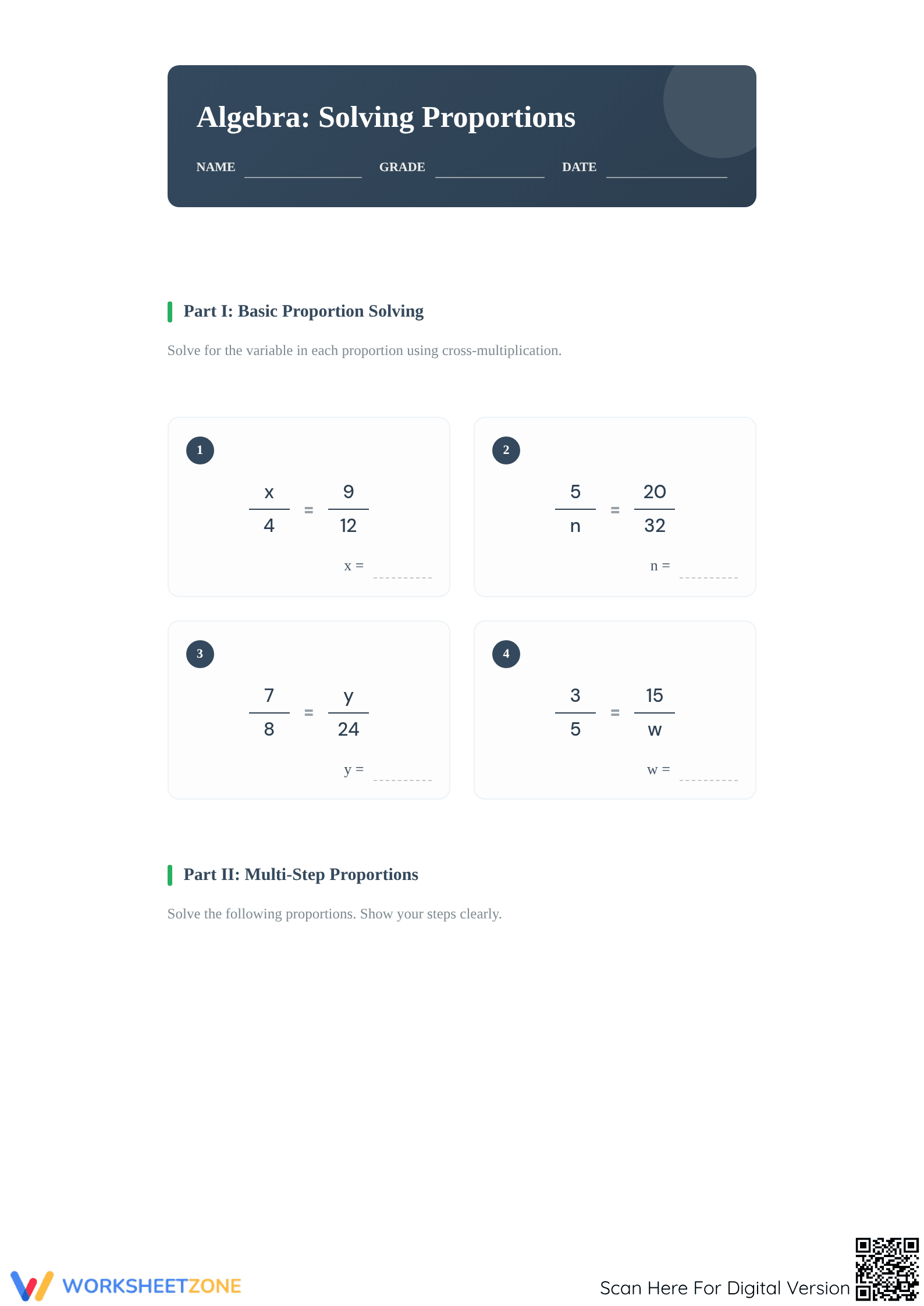 Printable Solving Proportions Worksheet | Grade 7-9 Math - Page 1