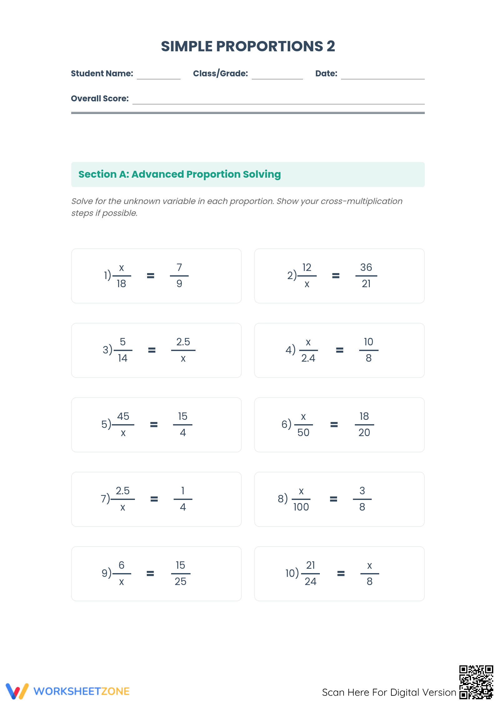 Essential Simple Proportions Worksheet | Grade 7-9 Math - Page 1