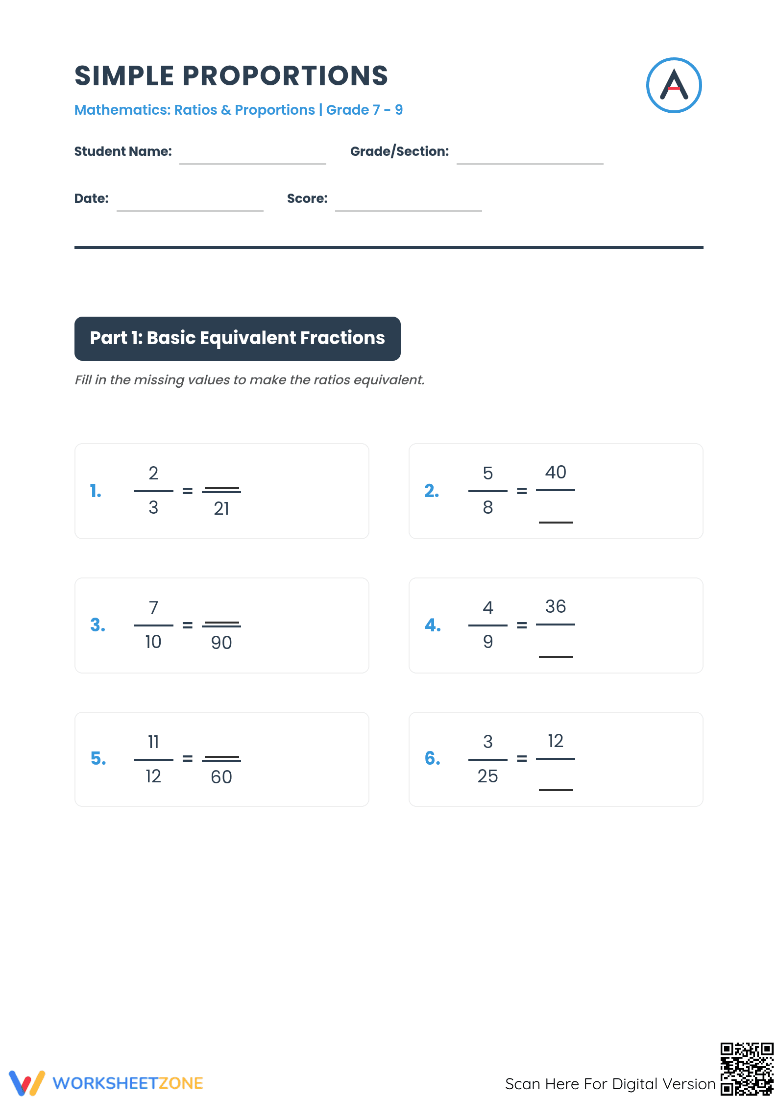 Essential Grade 7 Simple Proportions Worksheet Pack - Page 1