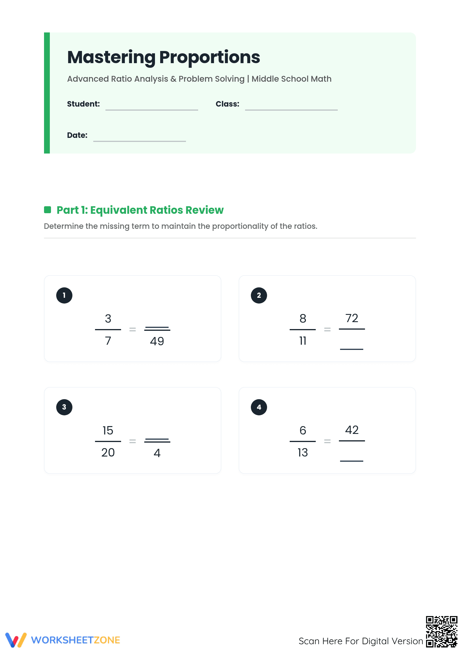 Essential Proportions Practice Worksheet | Grade 7-9 Math - Page 1