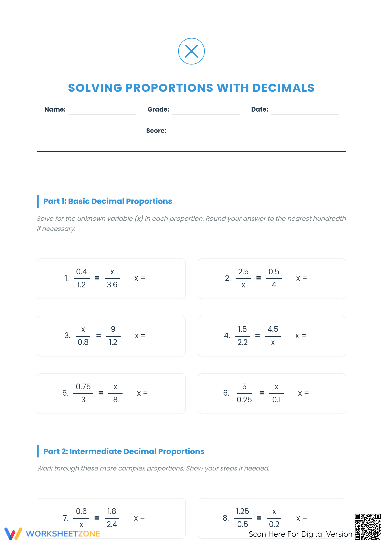 Essential Proportions with Decimals Worksheet — Grade 7-9 - Page 1