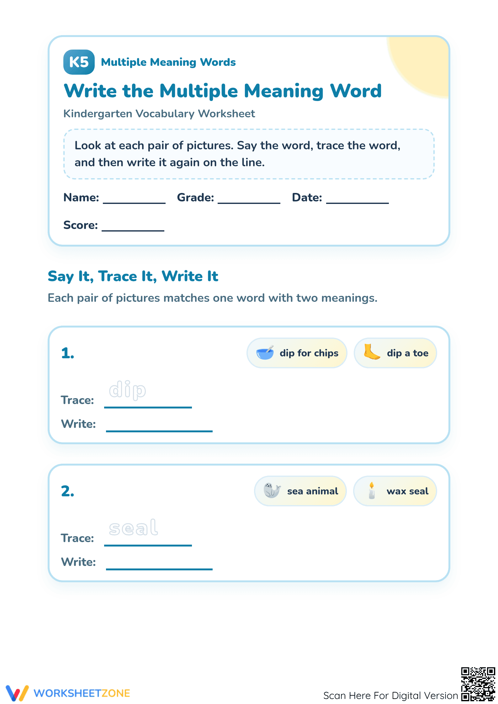 Multiple Meaning Words Worksheet | Printable Grade K ELA - Page 1