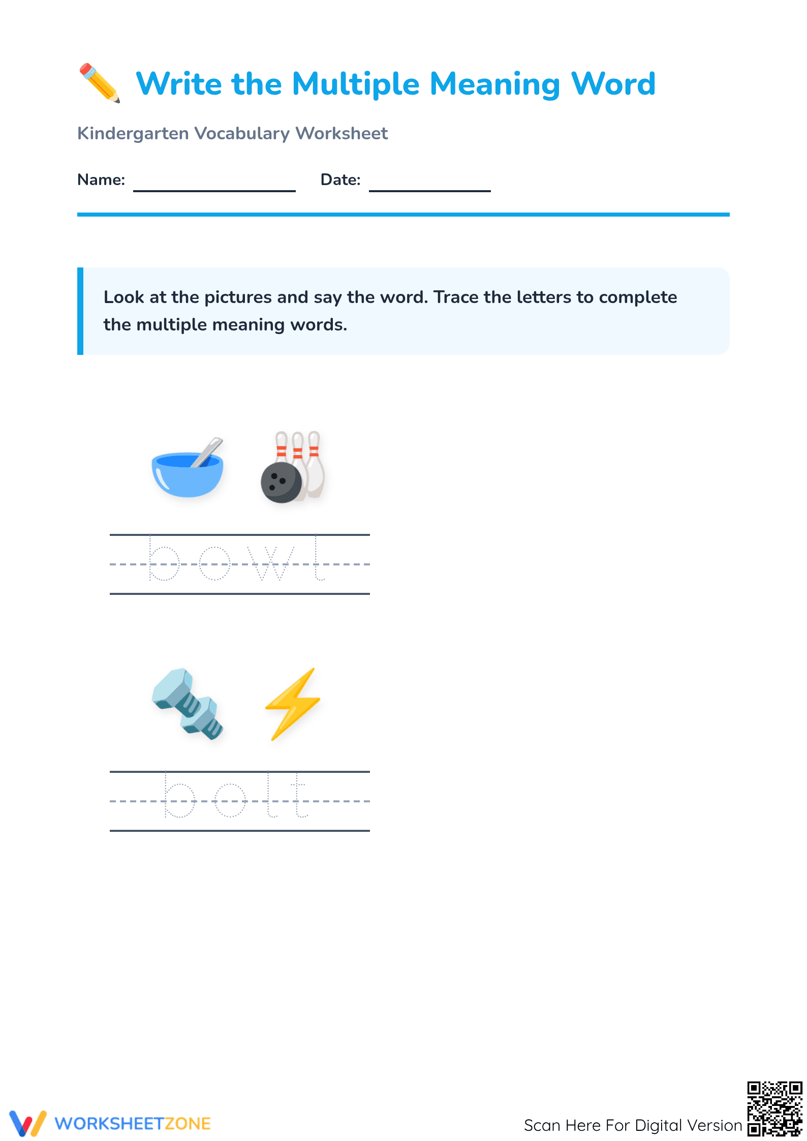 Multiple Meaning Words Worksheet | Grade K Printable - Page 1