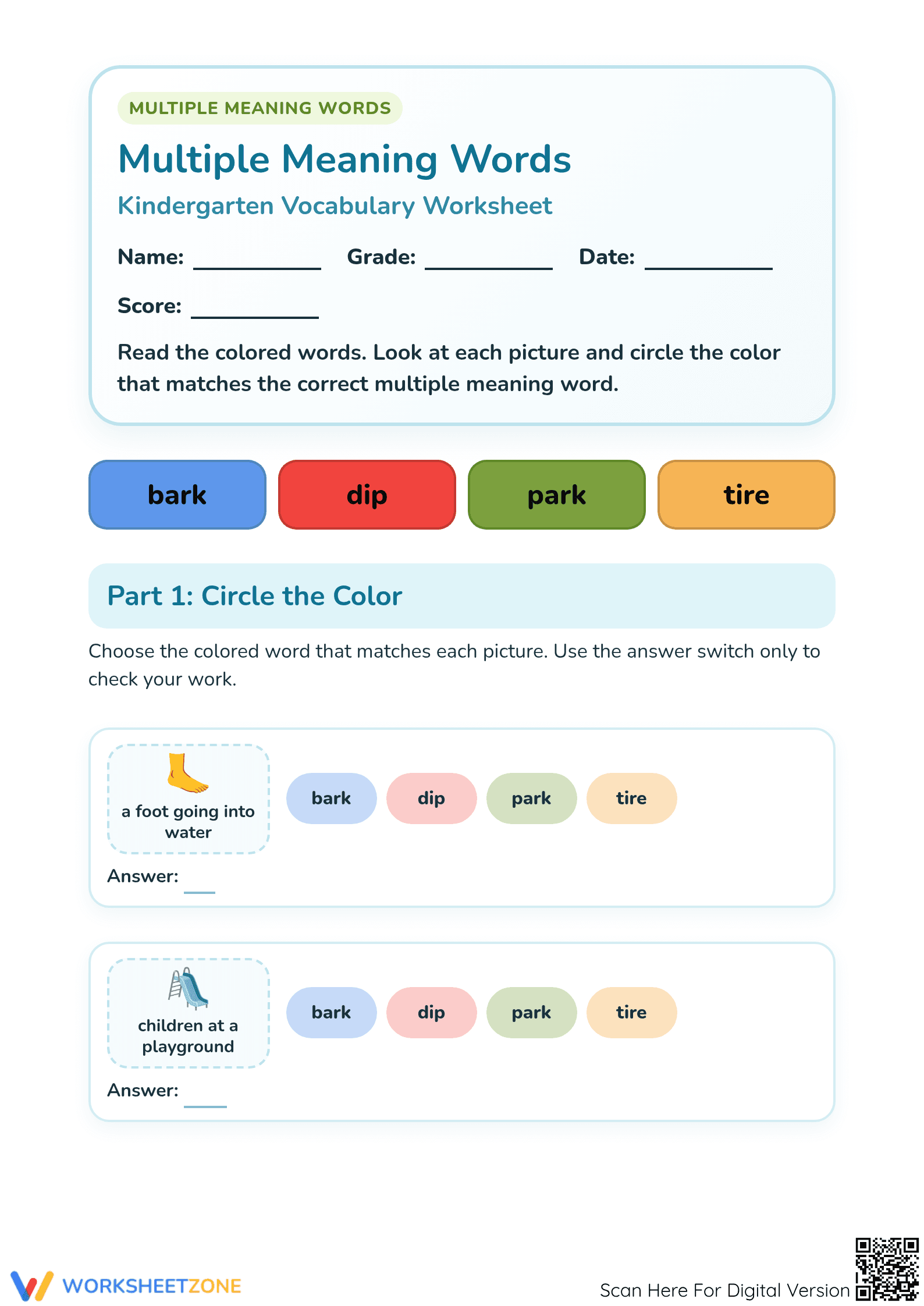 Printable Multiple Meaning Words Worksheet for Kindergarten ELA - Page 1
