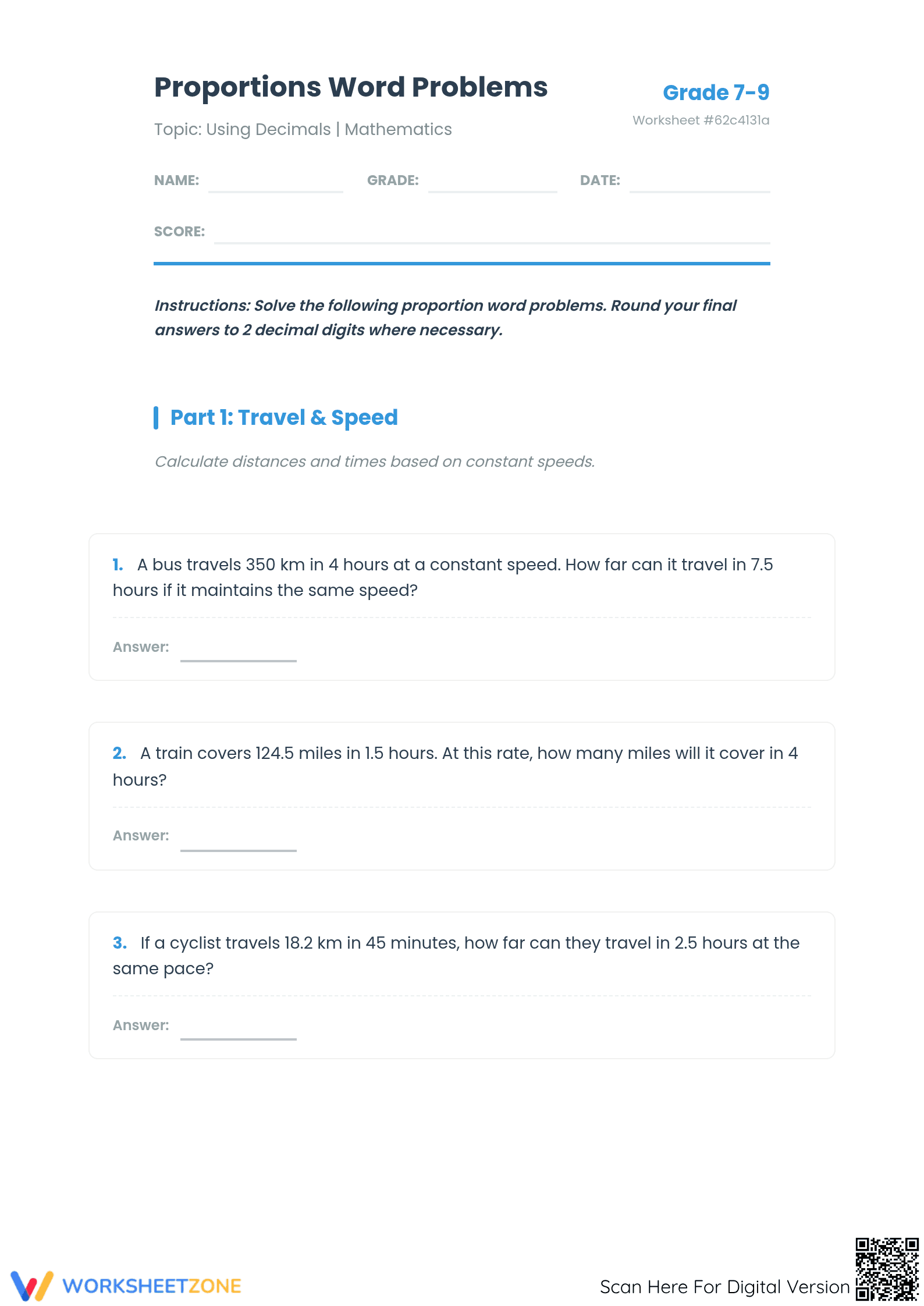 Essential Proportions Word Problems Worksheet | Grade 7-9 - Page 1