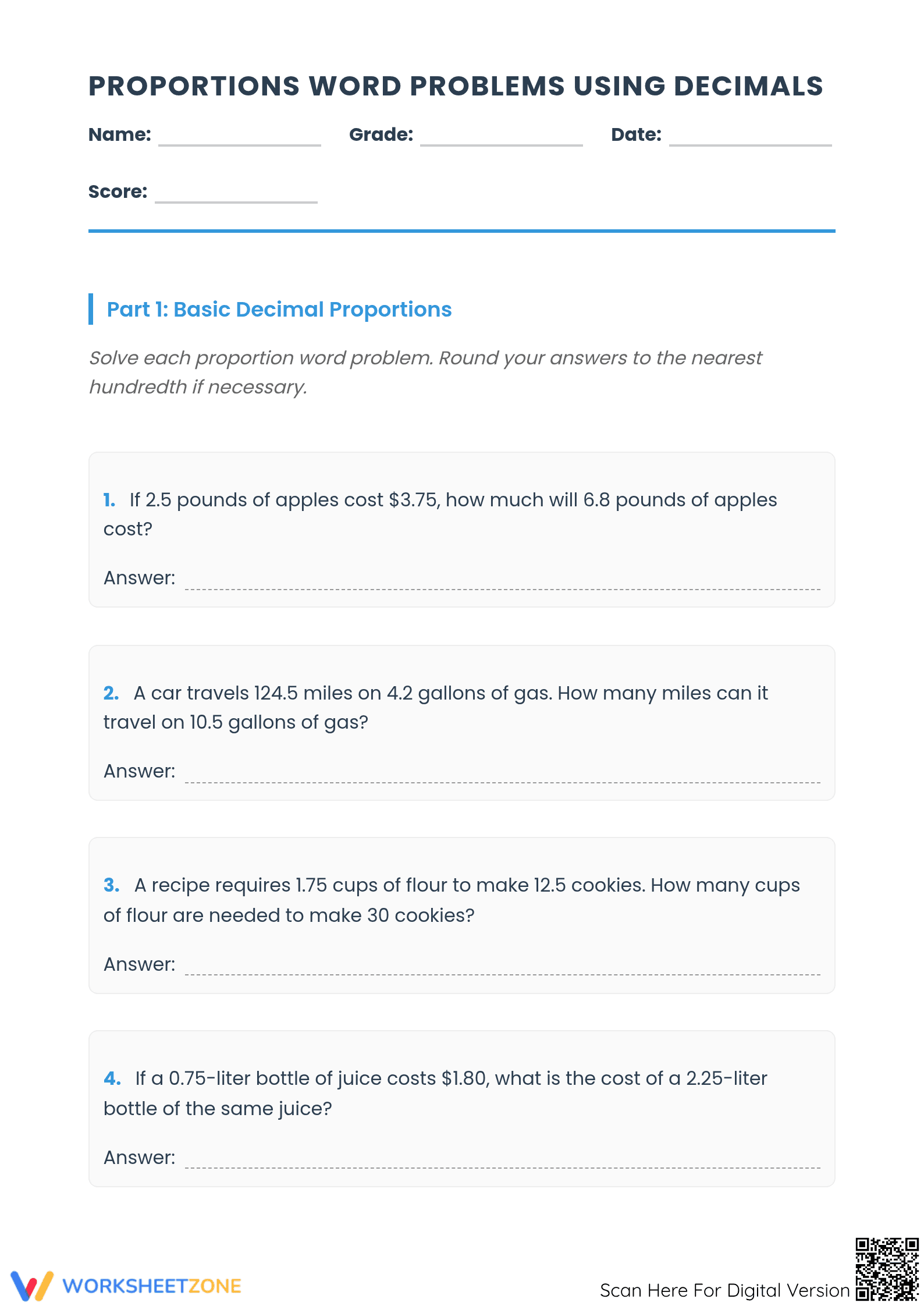 Essential Decimal Proportion Word Problems | Grades 7-9 - Page 1
