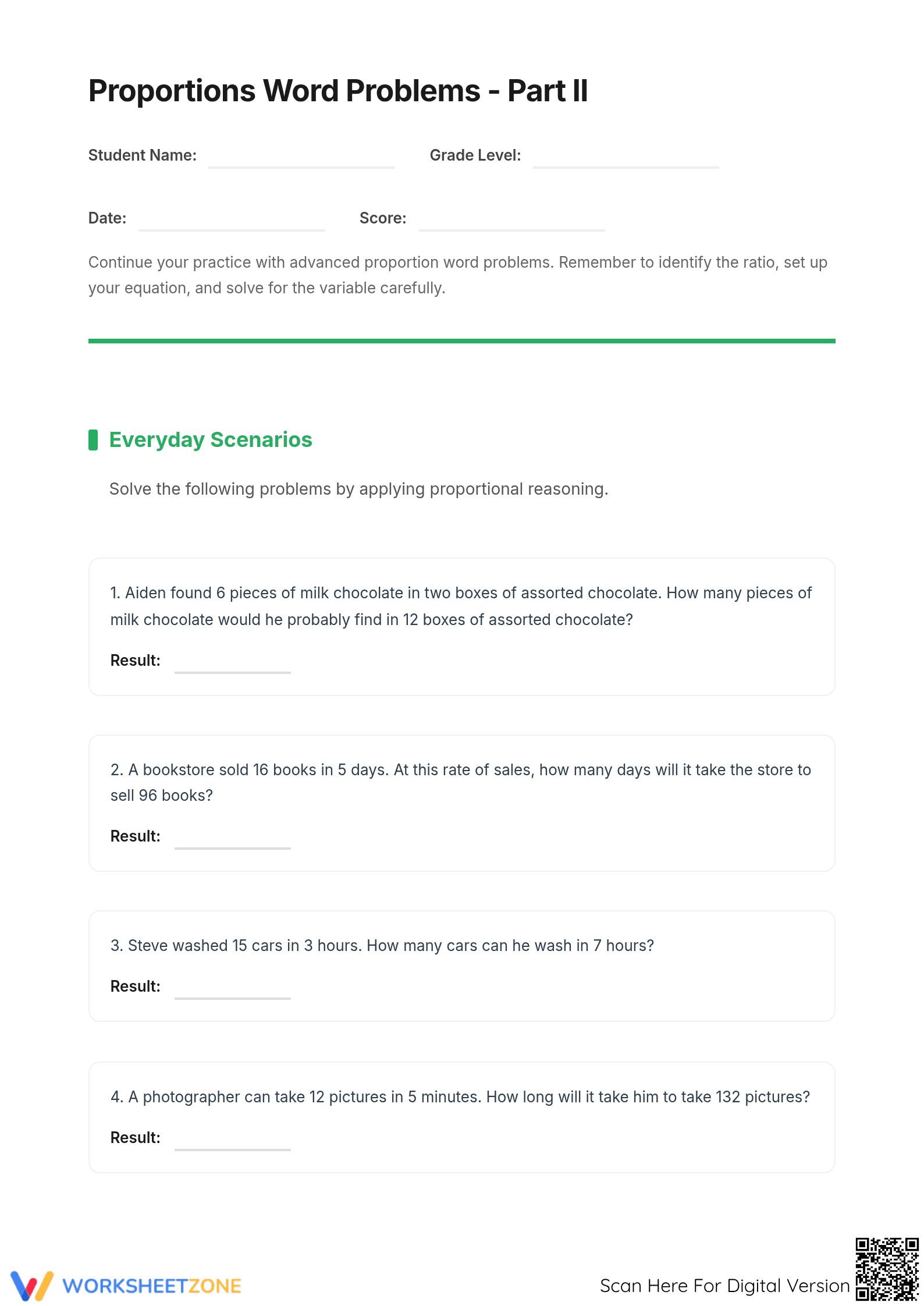 Printable Proportions Word Problems | Grade 7-9 Math - Page 1