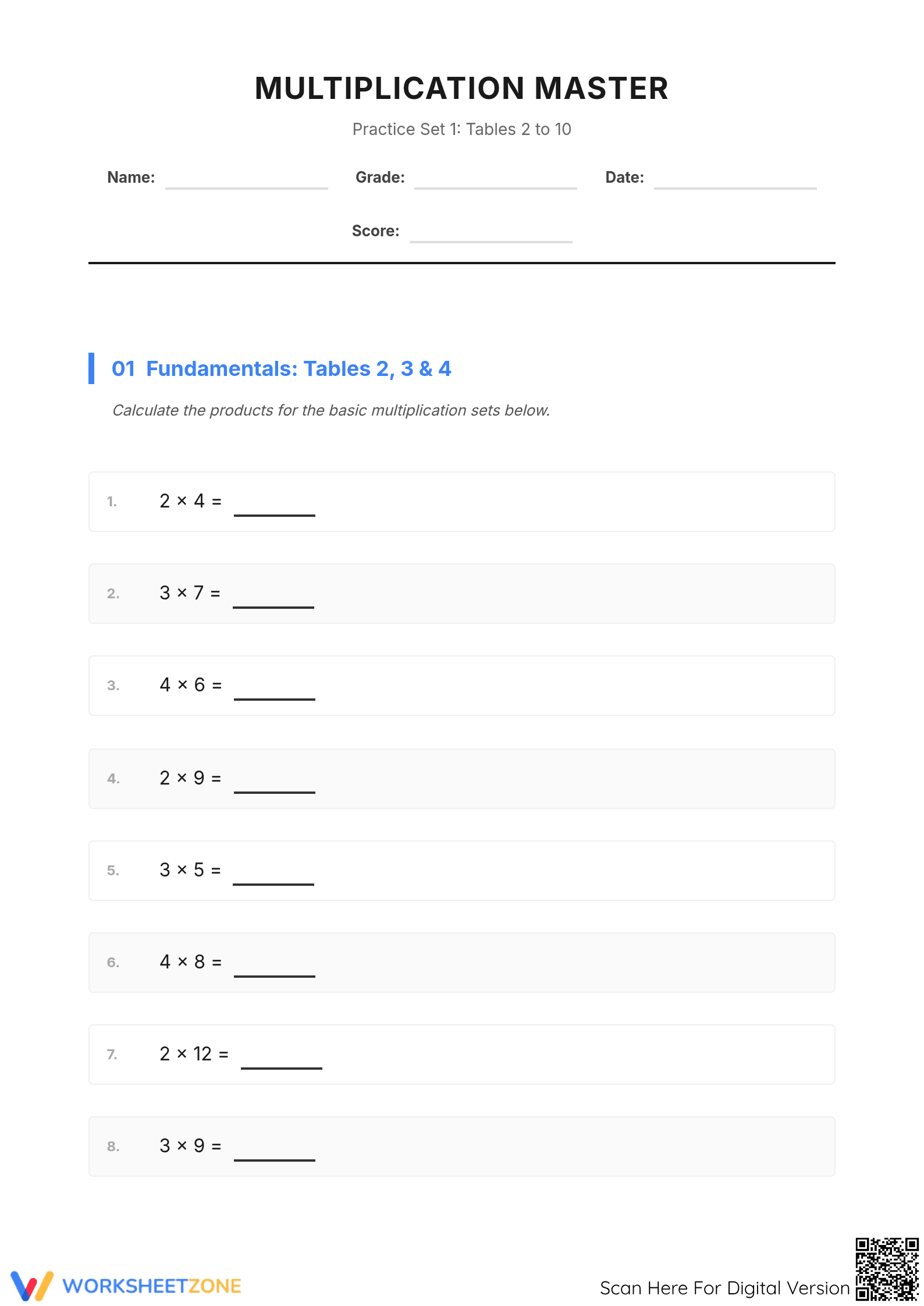 Multiplication Tables 2-10 Practice | Essential Math Grade 7-9 - Page 1